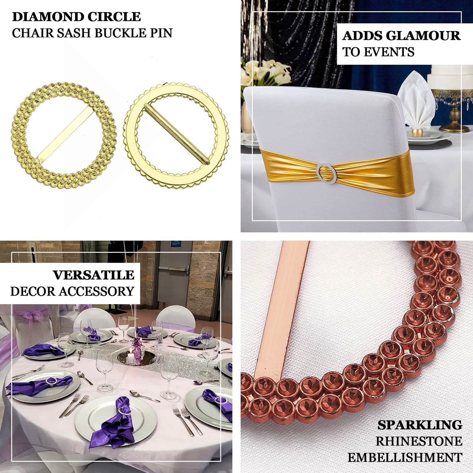 20 Pack Diamond Circle Chair Sash Band Buckle Pin 2.5" Gold - Stylish Rhinestone Napkin Rings for Events - Image 4