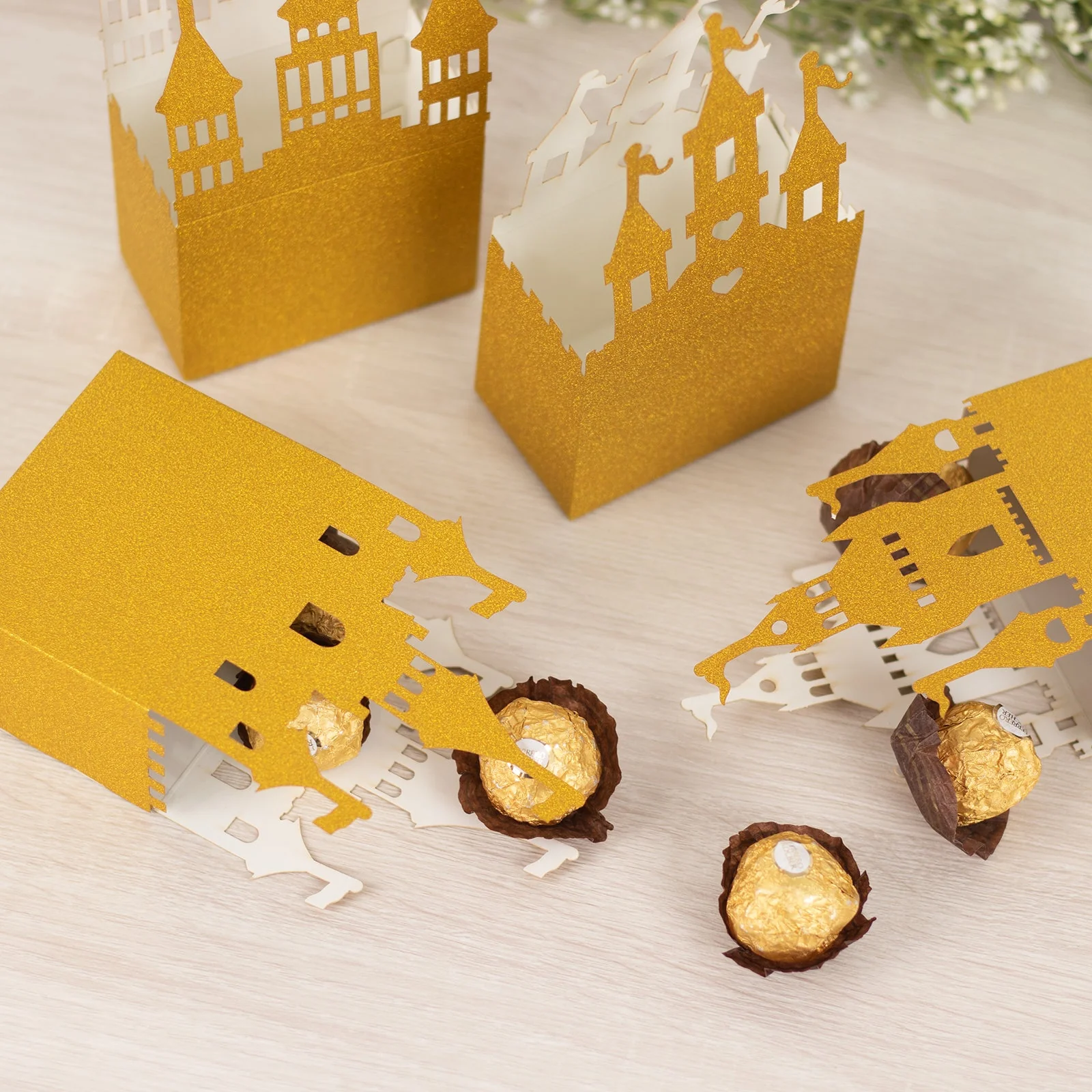 20 Pack Gold Glitter Princess Castle Favor Boxes, Fairy Tale Cardstock Paper Candy Boxes Party Decorations - 3.5"x2"x6.5" - Image 4