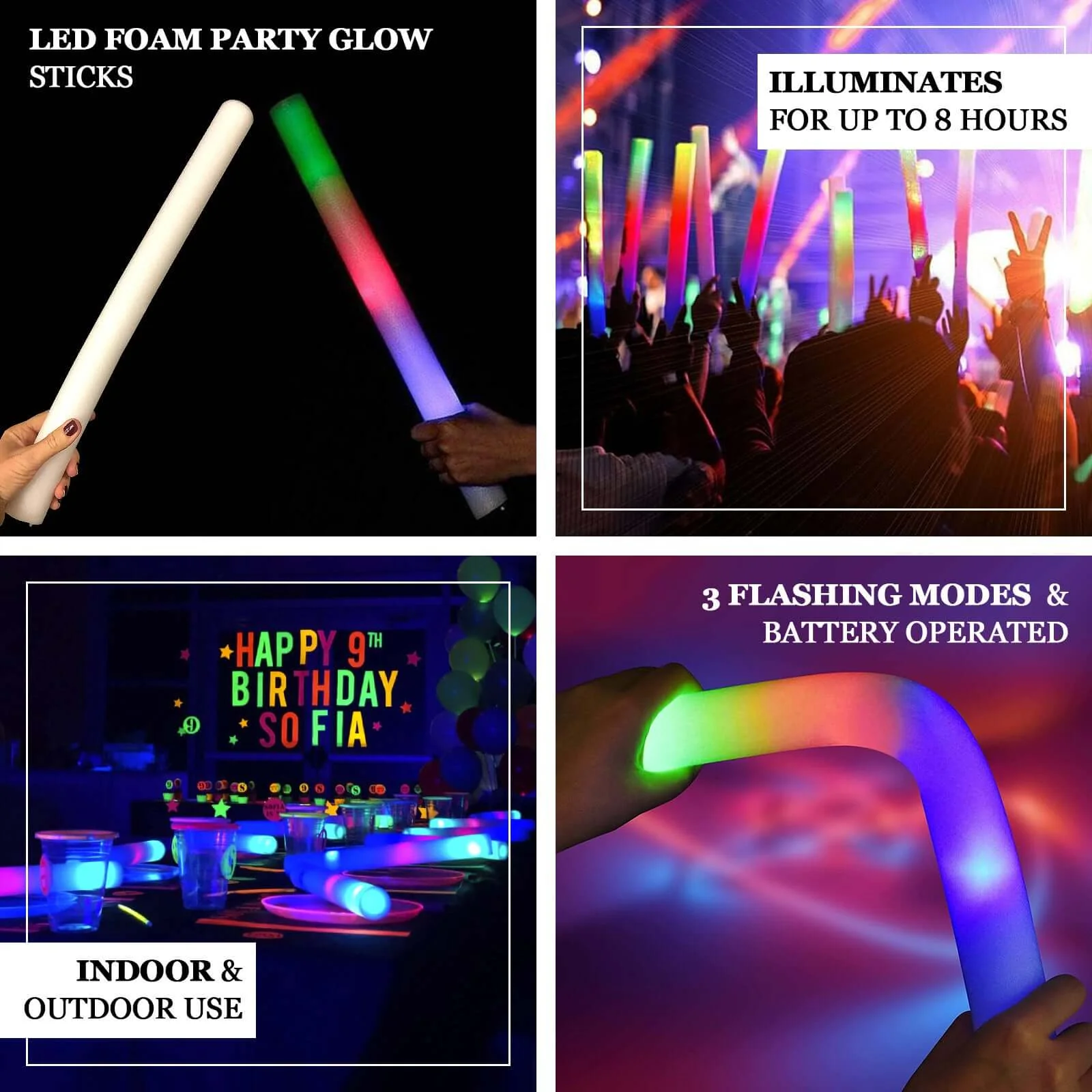 20 Pack Multicolor LED Foam Glow Sticks With 3 Flashing Modes, Reusable Battery Operated Light Sticks - 19" - Image 4
