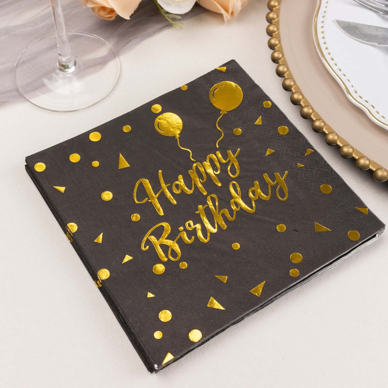20-Pack Paper Beverage Napkins 2 Ply Black/Gold with Happy Birthday Foil Print 6.5"x6.5" - Soft Disposable Cocktail Party Napkins 18GSM