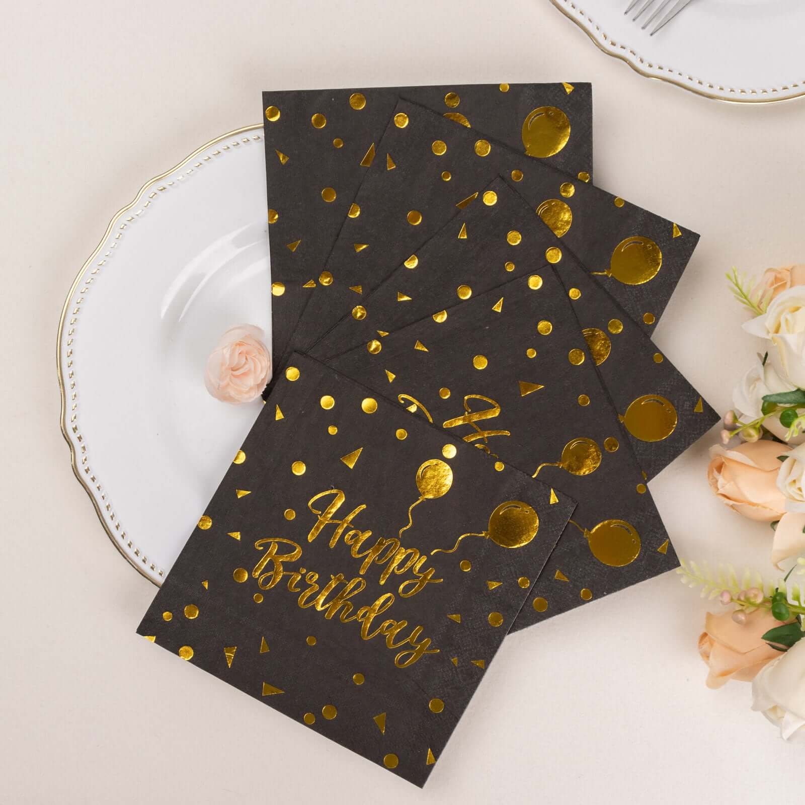 20-Pack Paper Beverage Napkins 2 Ply Black/Gold with Happy Birthday Foil Print 6.5"x6.5" - Soft Disposable Cocktail Party Napkins 18GSM - Image 10