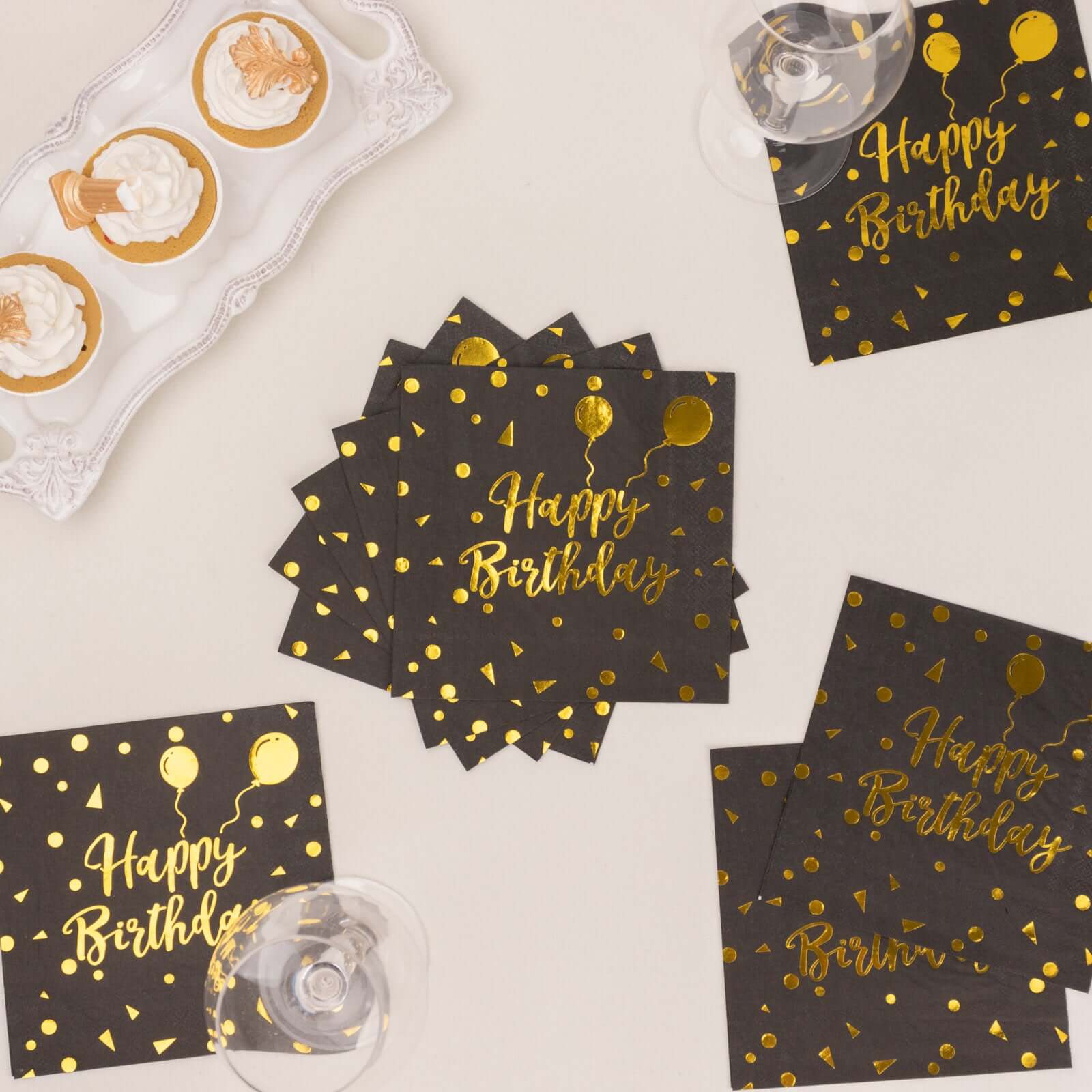 20-Pack Paper Beverage Napkins 2 Ply Black/Gold with Happy Birthday Foil Print 6.5"x6.5" - Soft Disposable Cocktail Party Napkins 18GSM - Image 13