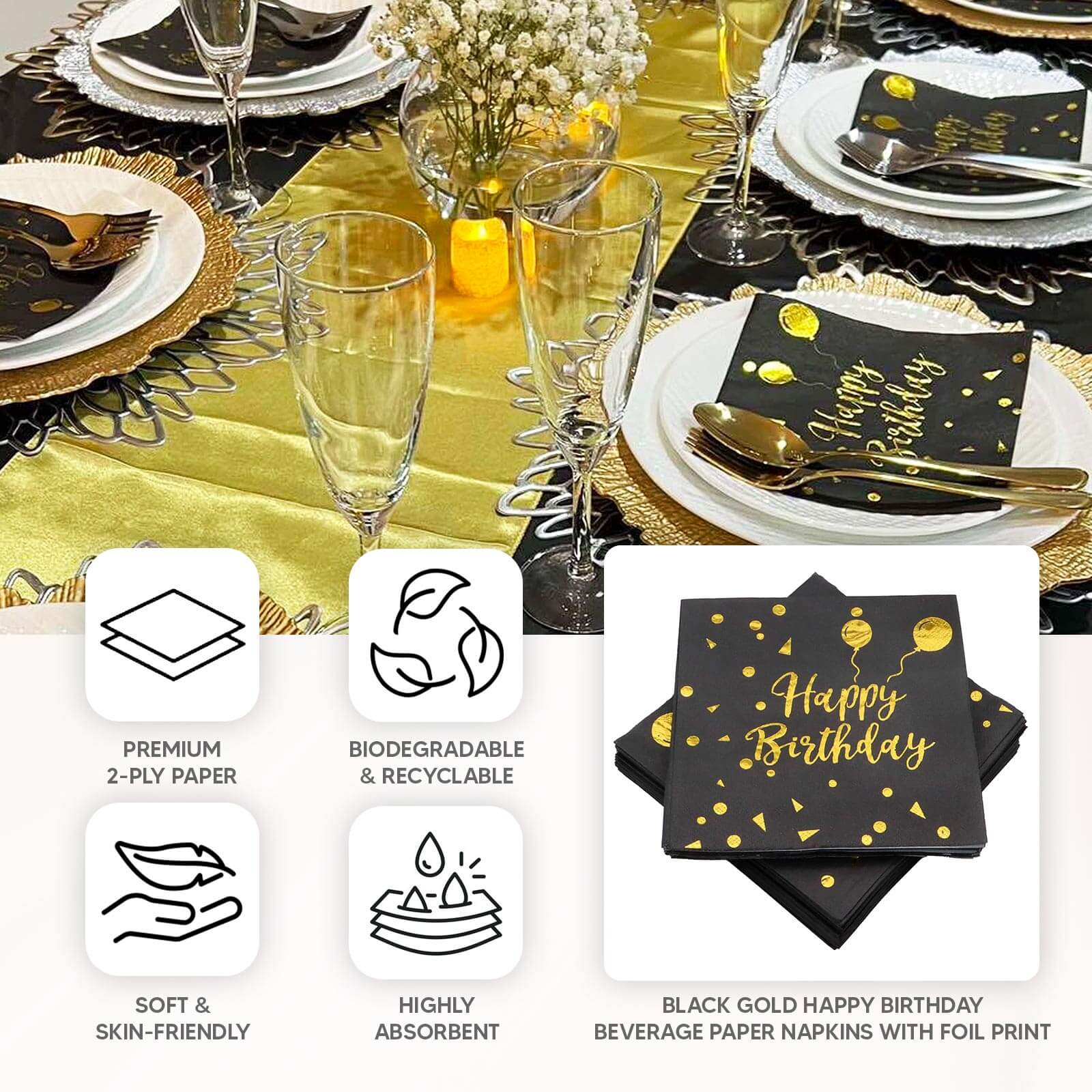 20-Pack Paper Beverage Napkins 2 Ply Black/Gold with Happy Birthday Foil Print 6.5"x6.5" - Soft Disposable Cocktail Party Napkins 18GSM - Image 4