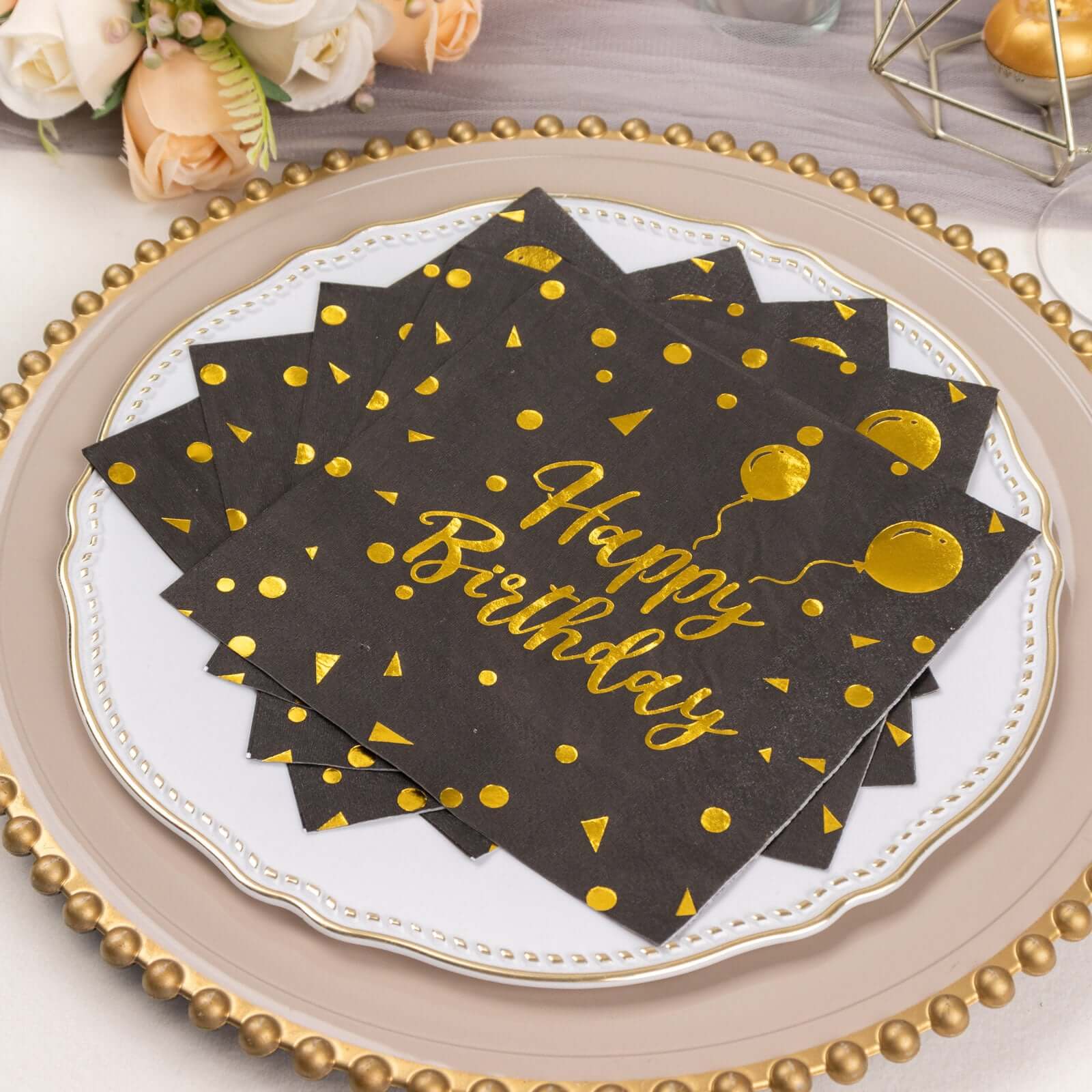 20-Pack Paper Beverage Napkins 2 Ply Black/Gold with Happy Birthday Foil Print 6.5"x6.5" - Soft Disposable Cocktail Party Napkins 18GSM - Image 9