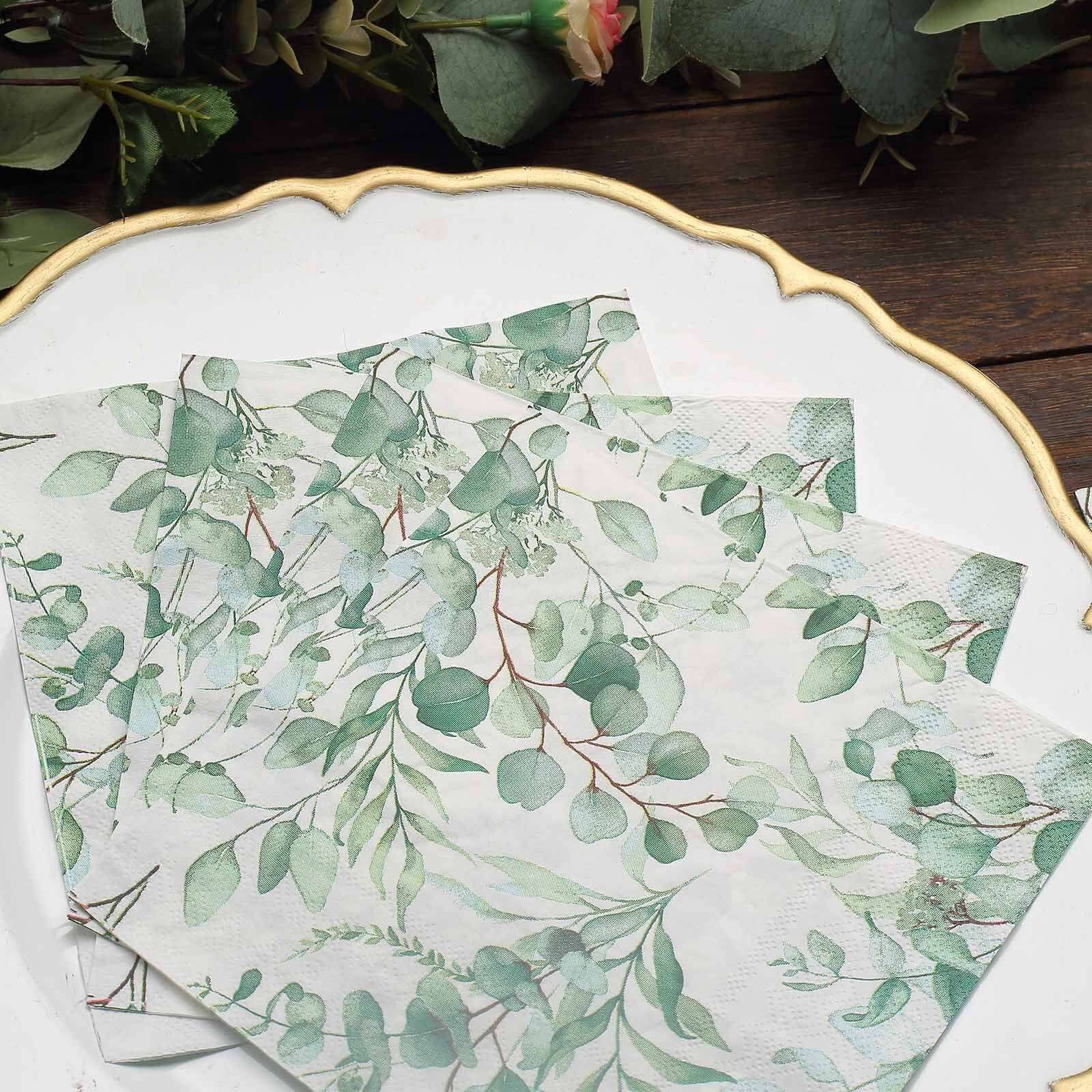 20-Pack Paper Beverage Napkins 2 Ply Green with Foliage Eucalyptus Leaves Design 6.5"x6.5" - Soft Boho Wedding Cocktail Beverage Napkins 18GSM - Image 2