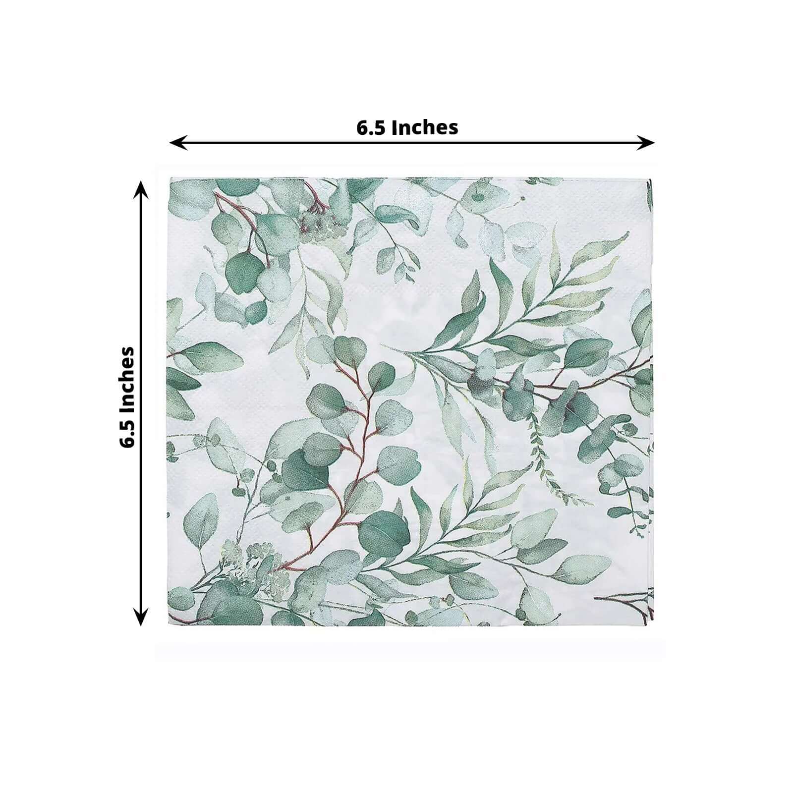 20-Pack Paper Beverage Napkins 2 Ply Green with Foliage Eucalyptus Leaves Design 6.5"x6.5" - Soft Boho Wedding Cocktail Beverage Napkins 18GSM - Image 3