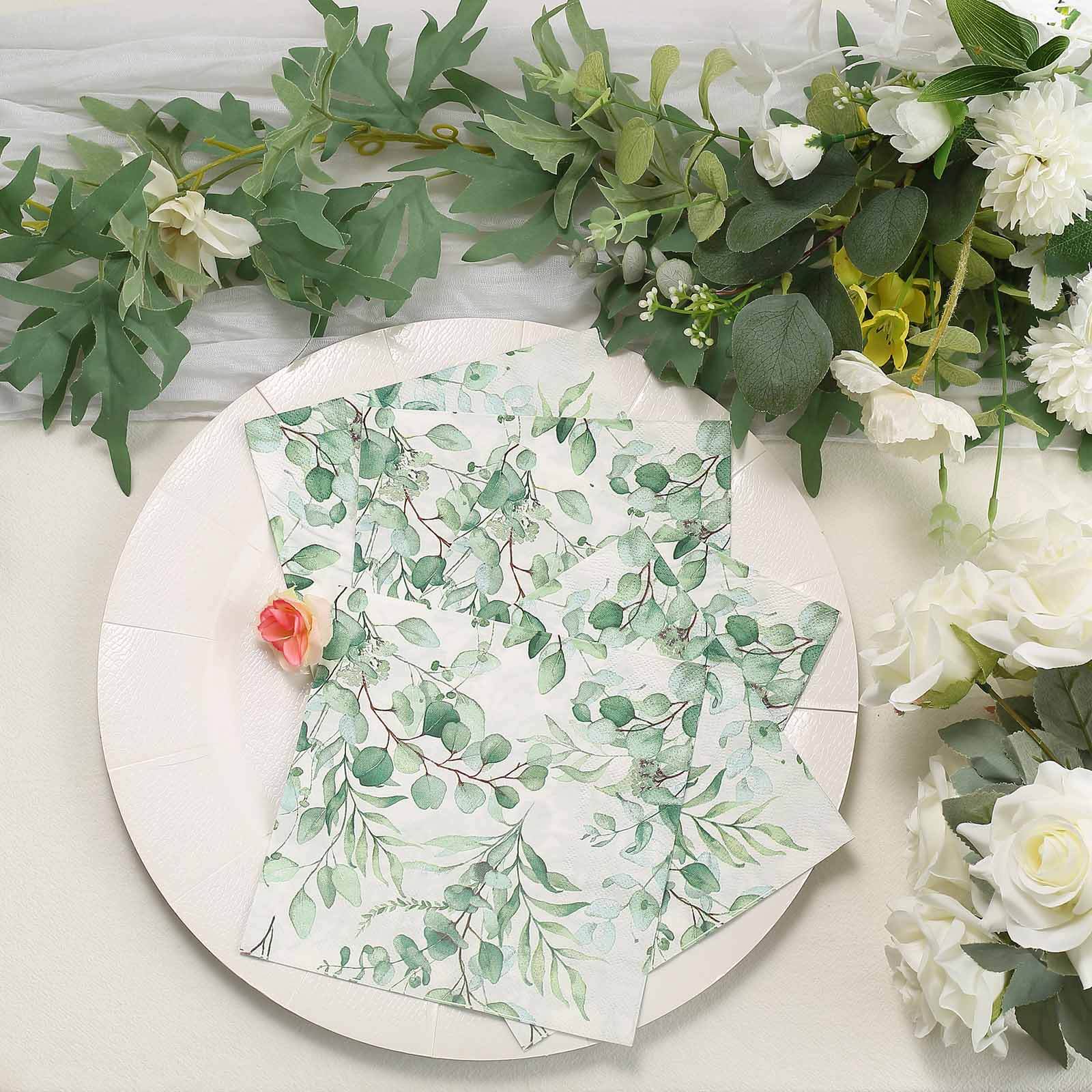 20-Pack Paper Beverage Napkins 2 Ply Green with Foliage Eucalyptus Leaves Design 6.5"x6.5" - Soft Boho Wedding Cocktail Beverage Napkins 18GSM - Image 5