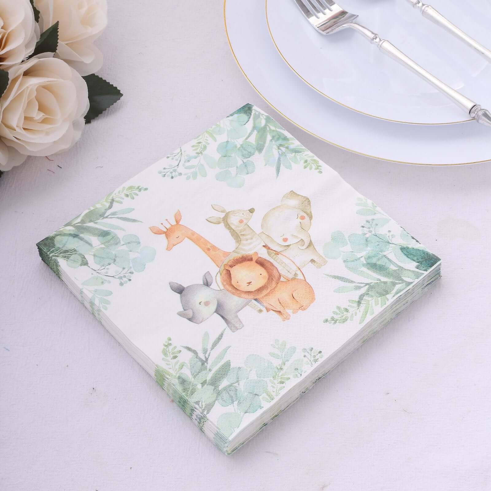 20-Pack Paper Beverage Napkins 2 Ply with Safari Animal Print 6.5"x6.5" - Jungle Theme Disposable Cocktail Party Napkins 18GSM
