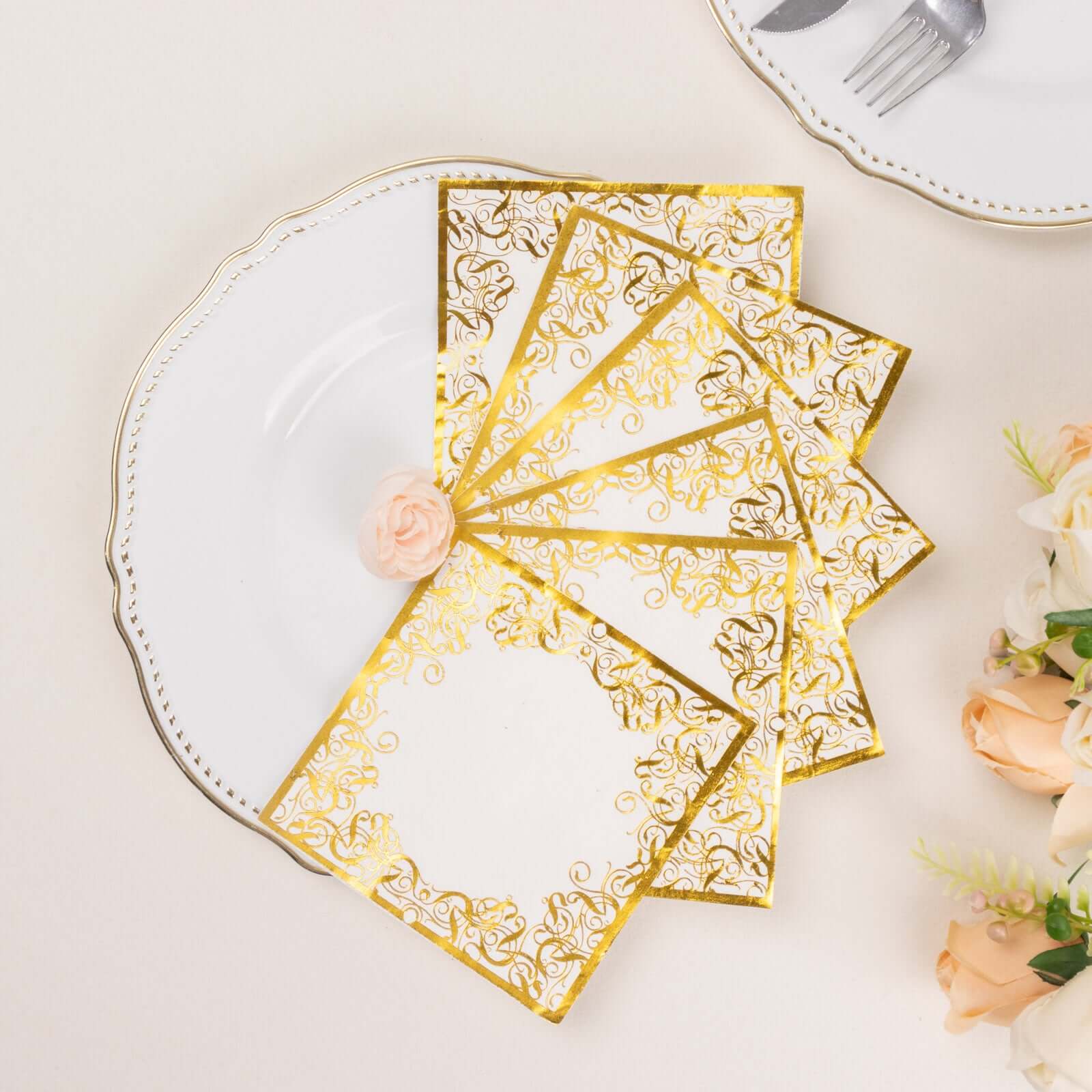 20-Pack Paper Beverage Napkins 3 Ply White with Gold Foil Lace Design 5"x5" - Soft European Style Wedding Napkins 18GSM - Image 6