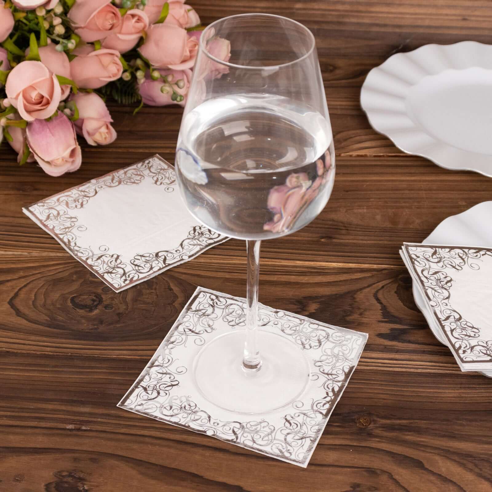 20-Pack Paper Beverage Napkins 3 Ply White with Silver Foil Lace Design 5"x5" - Soft European Style Wedding Napkins 18GSM - Image 12