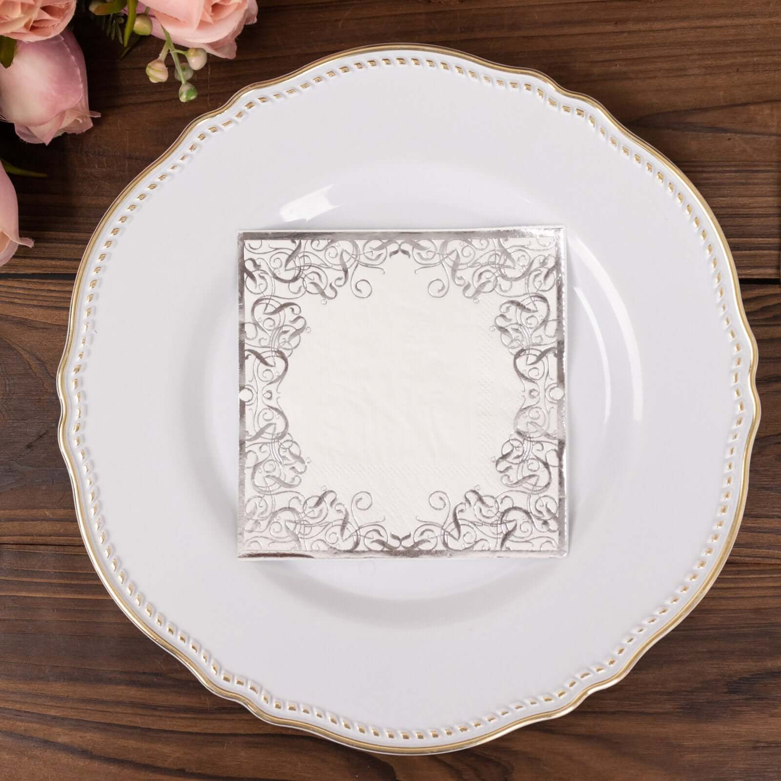 20-Pack Paper Beverage Napkins 3 Ply White with Silver Foil Lace Design 5"x5" - Soft European Style Wedding Napkins 18GSM - Image 13