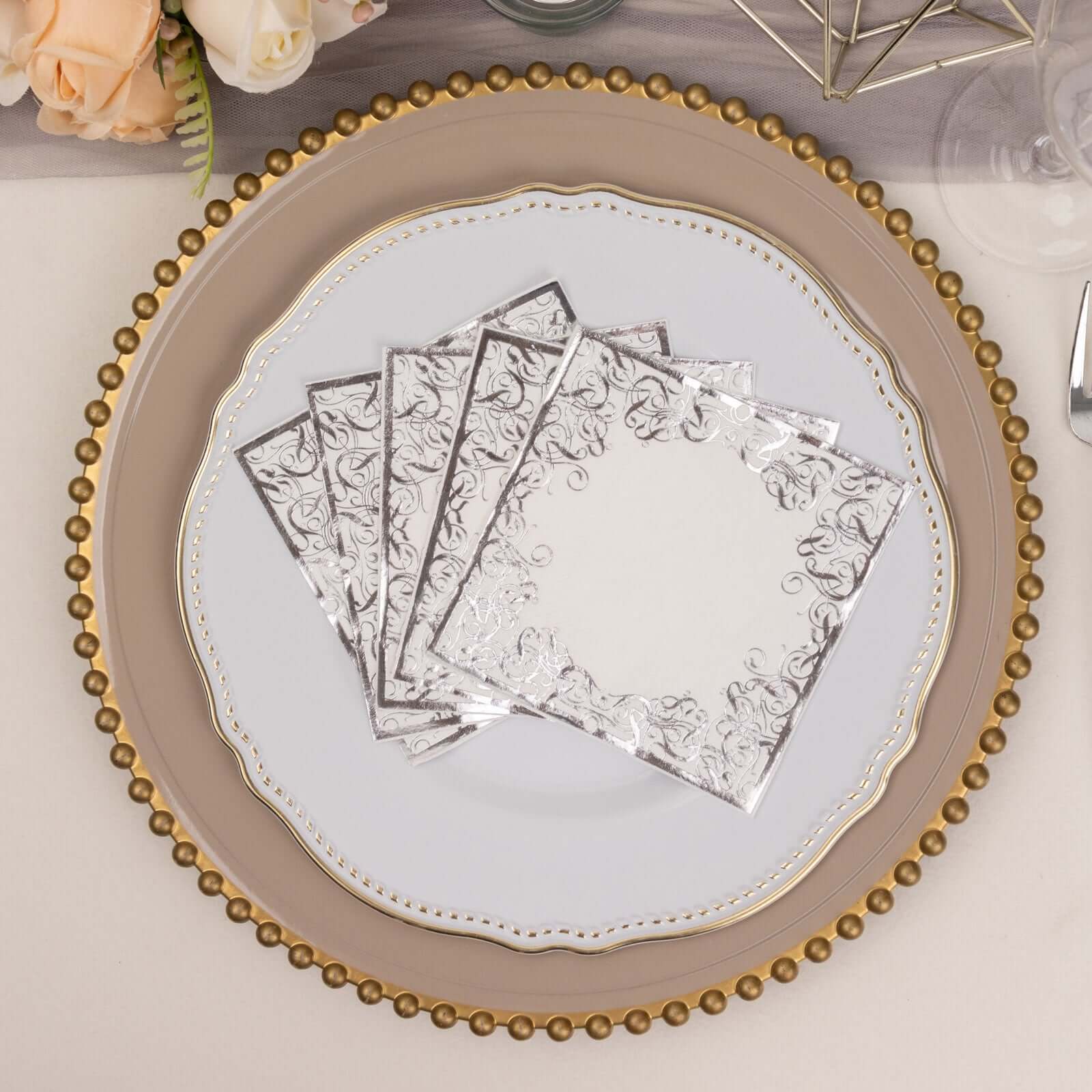 20-Pack Paper Beverage Napkins 3 Ply White with Silver Foil Lace Design 5"x5" - Soft European Style Wedding Napkins 18GSM - Image 2
