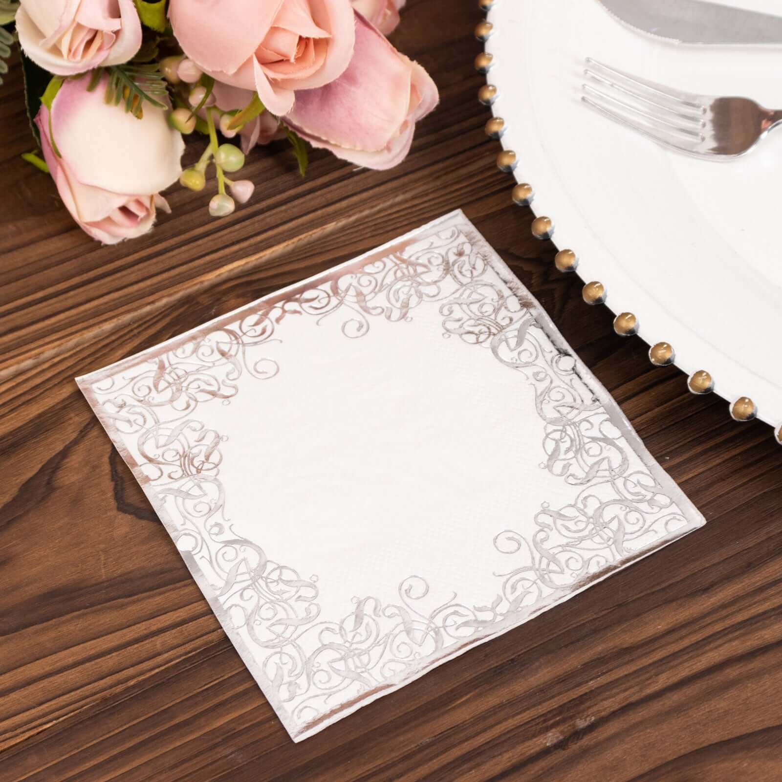 20-Pack Paper Beverage Napkins 3 Ply White with Silver Foil Lace Design 5"x5" - Soft European Style Wedding Napkins 18GSM - Image 4