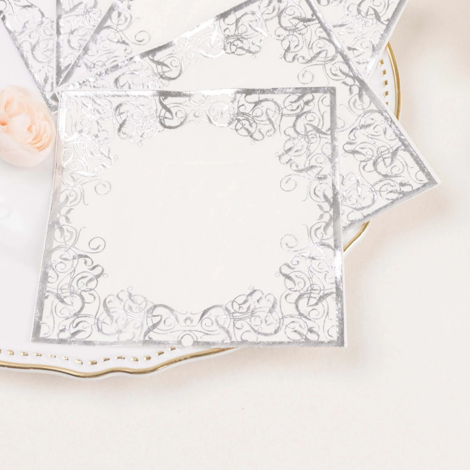 20-Pack Paper Beverage Napkins 3 Ply White with Silver Foil Lace Design 5"x5" - Soft European Style Wedding Napkins 18GSM - Image 5