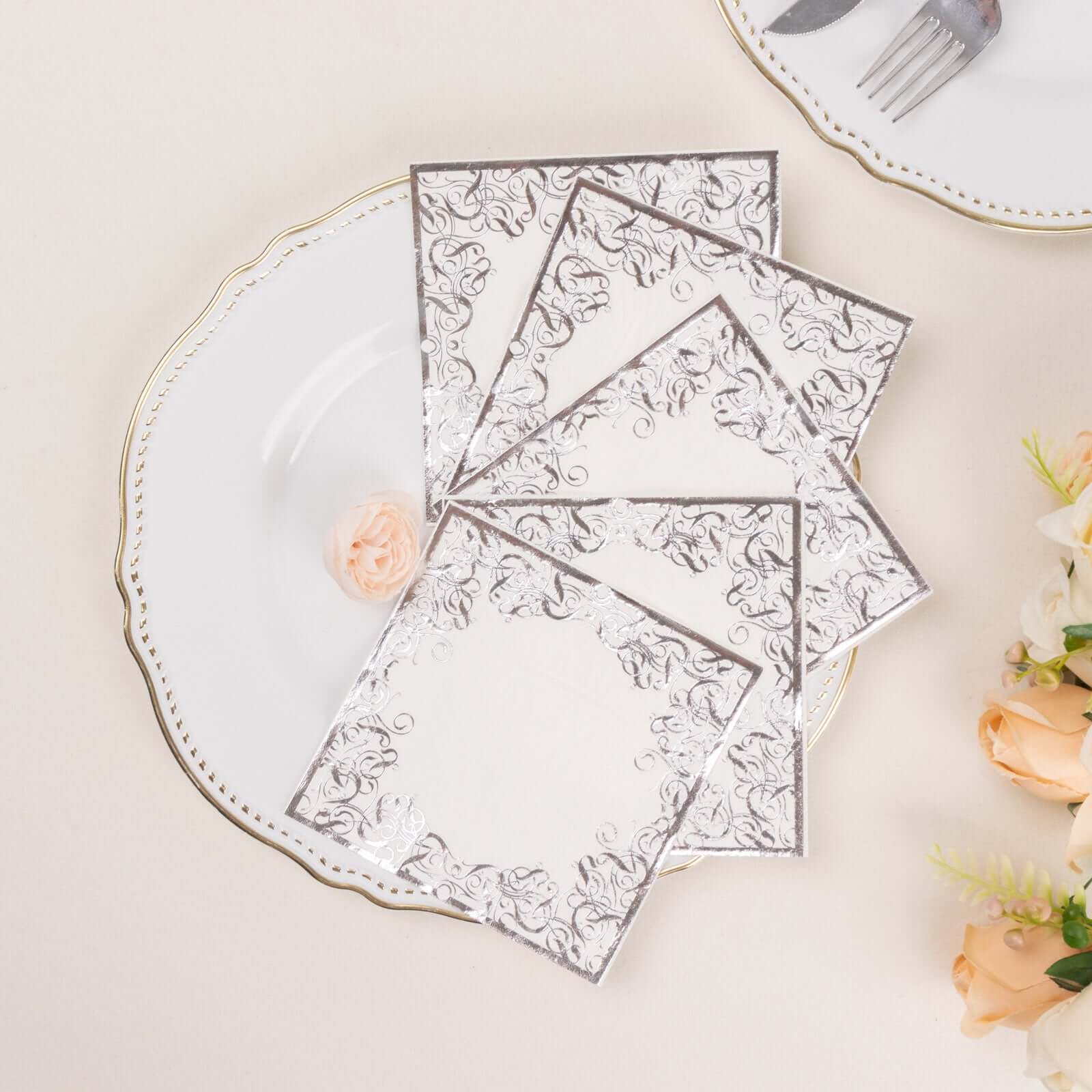 20-Pack Paper Beverage Napkins 3 Ply White with Silver Foil Lace Design 5"x5" - Soft European Style Wedding Napkins 18GSM - Image 6