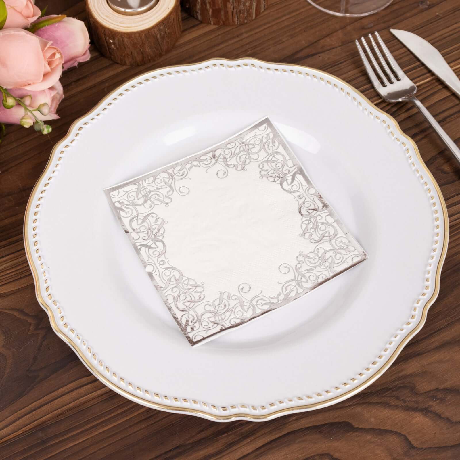 20-Pack Paper Beverage Napkins 3 Ply White with Silver Foil Lace Design 5"x5" - Soft European Style Wedding Napkins 18GSM - Image 8
