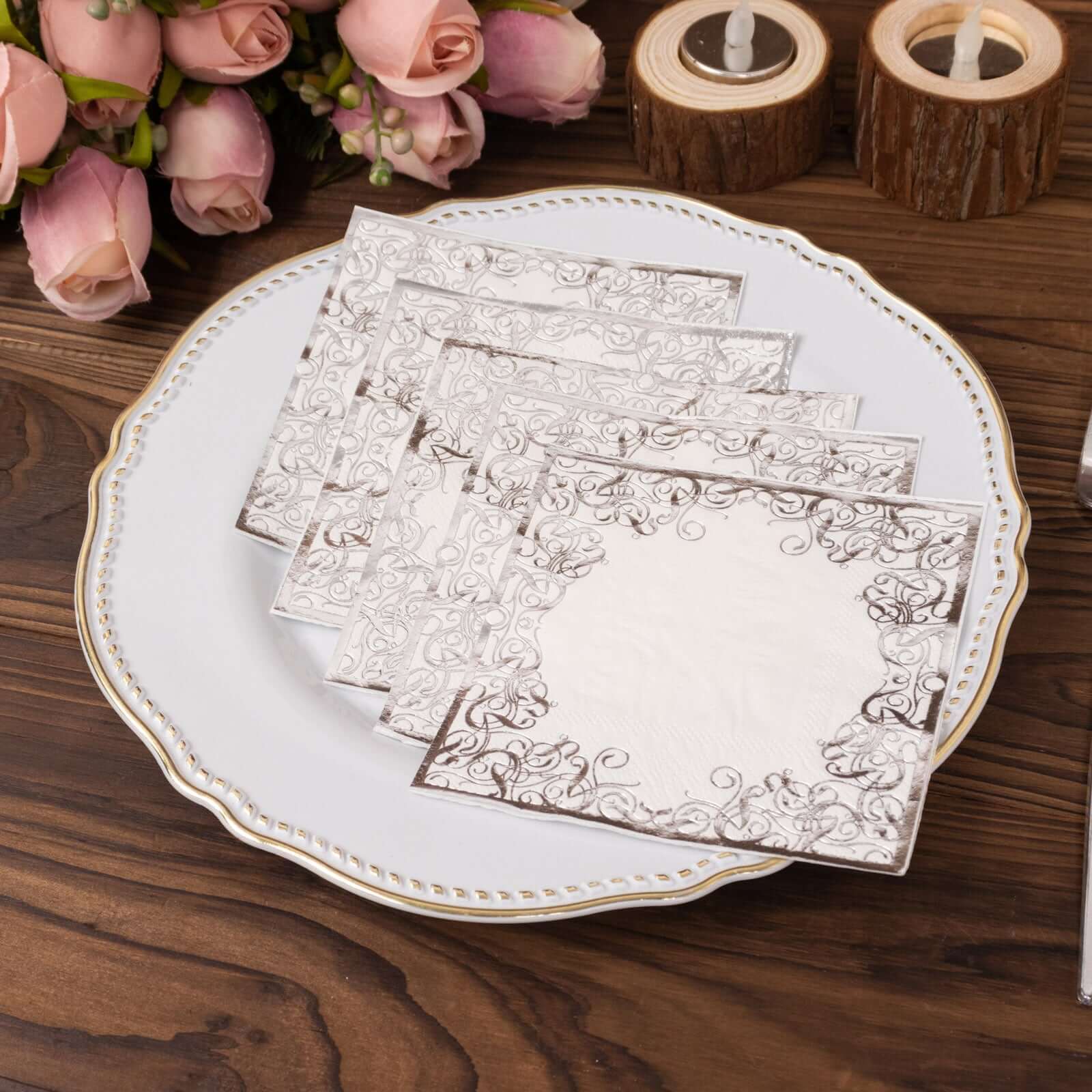 20-Pack Paper Beverage Napkins 3 Ply White with Silver Foil Lace Design 5"x5" - Soft European Style Wedding Napkins 18GSM - Image 9
