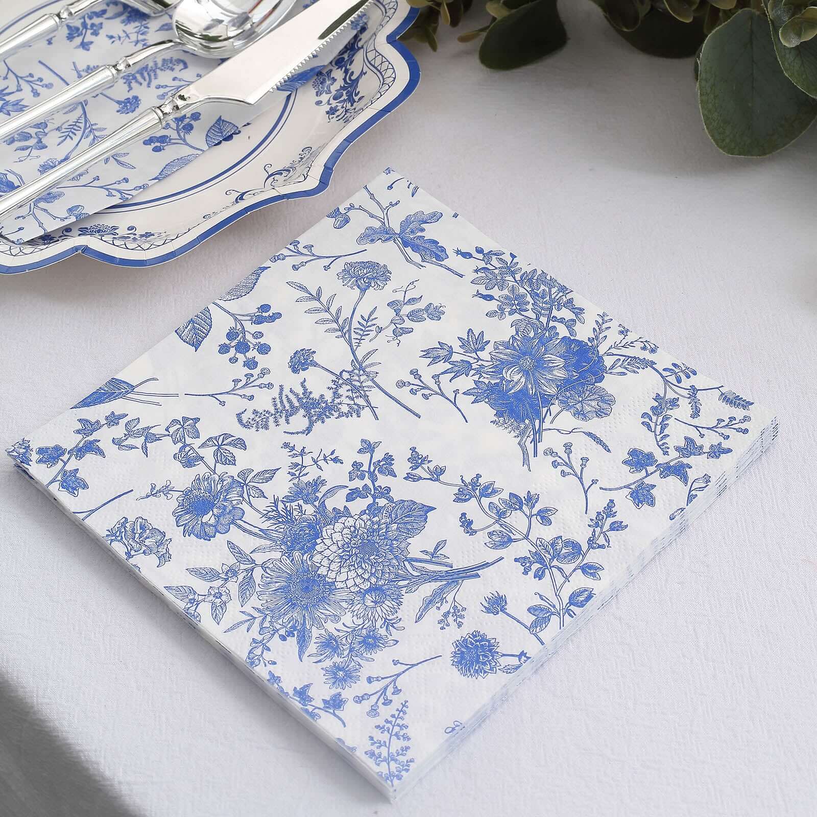 20-Pack Paper Cocktail Napkins 2 Ply White/Blue with French Toile Print 6.5"x6.5" - Soft and Absorbent Disposable Napkins