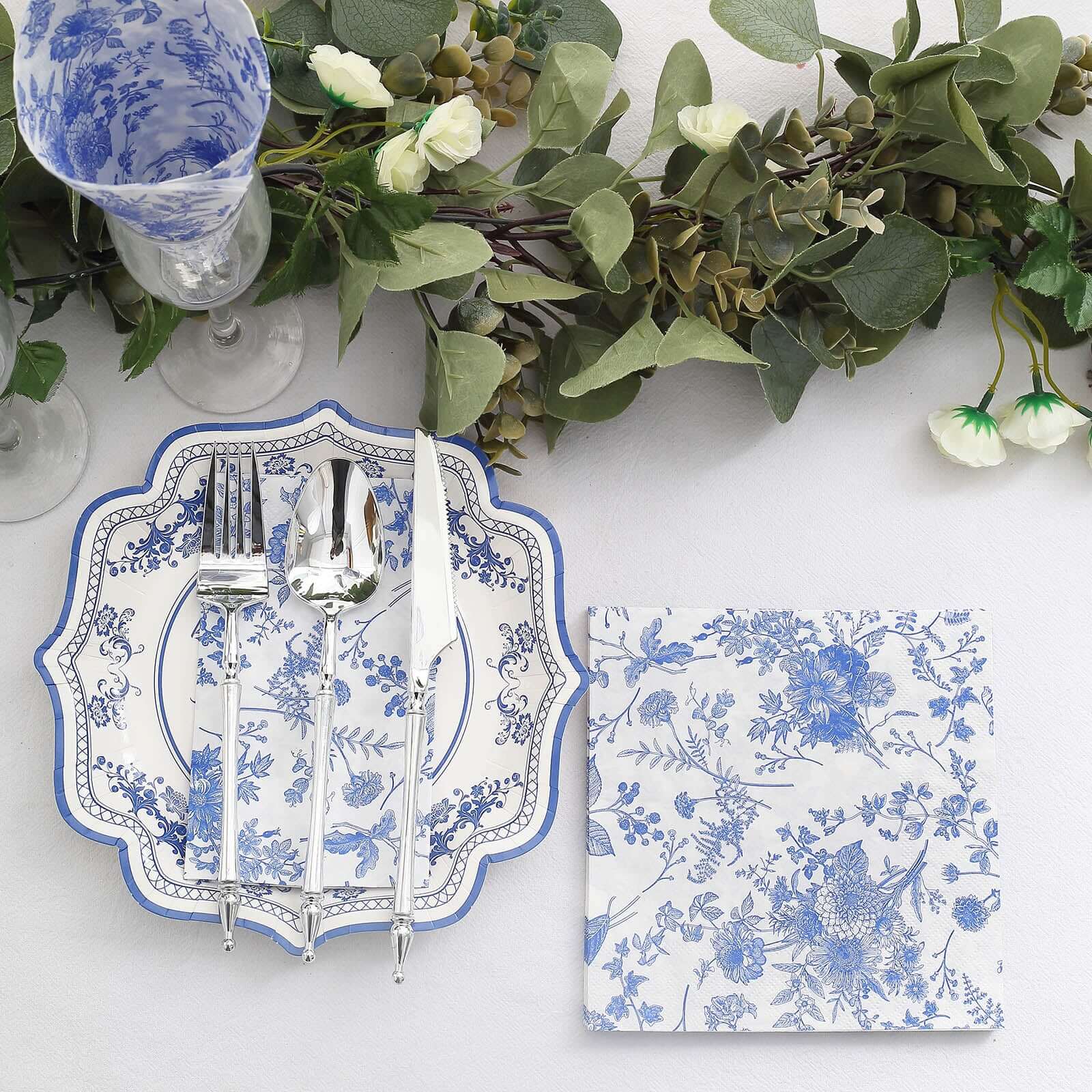20-Pack Paper Cocktail Napkins 2 Ply White/Blue with French Toile Print 6.5"x6.5" - Soft and Absorbent Disposable Napkins - Image 2