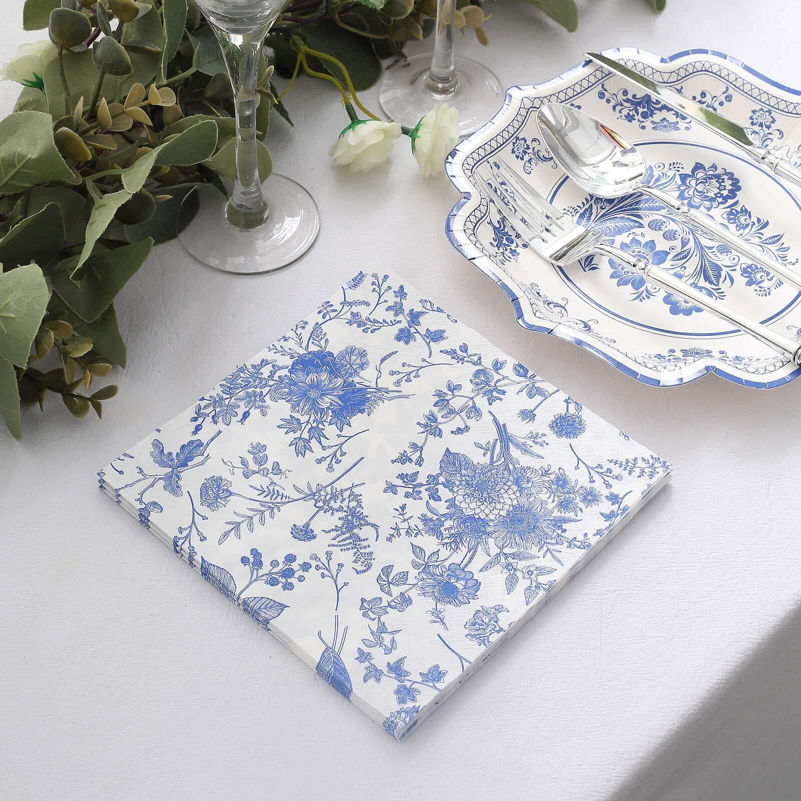 20-Pack Paper Cocktail Napkins 2 Ply White/Blue with French Toile Print 6.5"x6.5" - Soft and Absorbent Disposable Napkins - Image 6