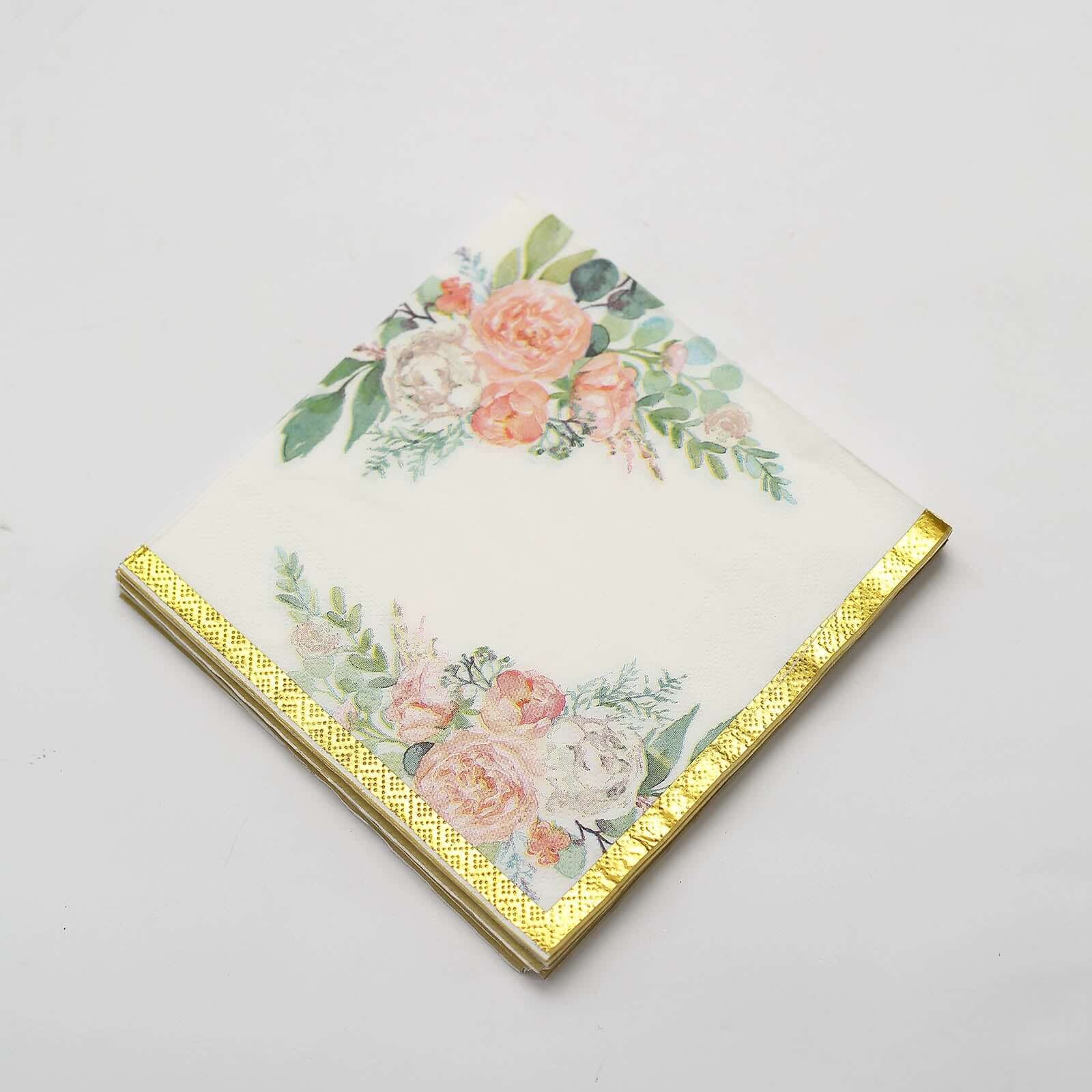 20-Pack Paper Cocktail Napkins 2 Ply White with Pink Peony Floral Design and Gold Trim - Soft Wedding Beverage Napkins 18GSM - Image 2