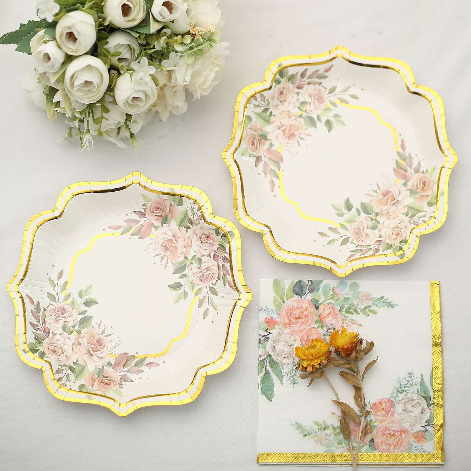 20-Pack Paper Cocktail Napkins 2 Ply White with Pink Peony Floral Design and Gold Trim - Soft Wedding Beverage Napkins 18GSM - Image 6