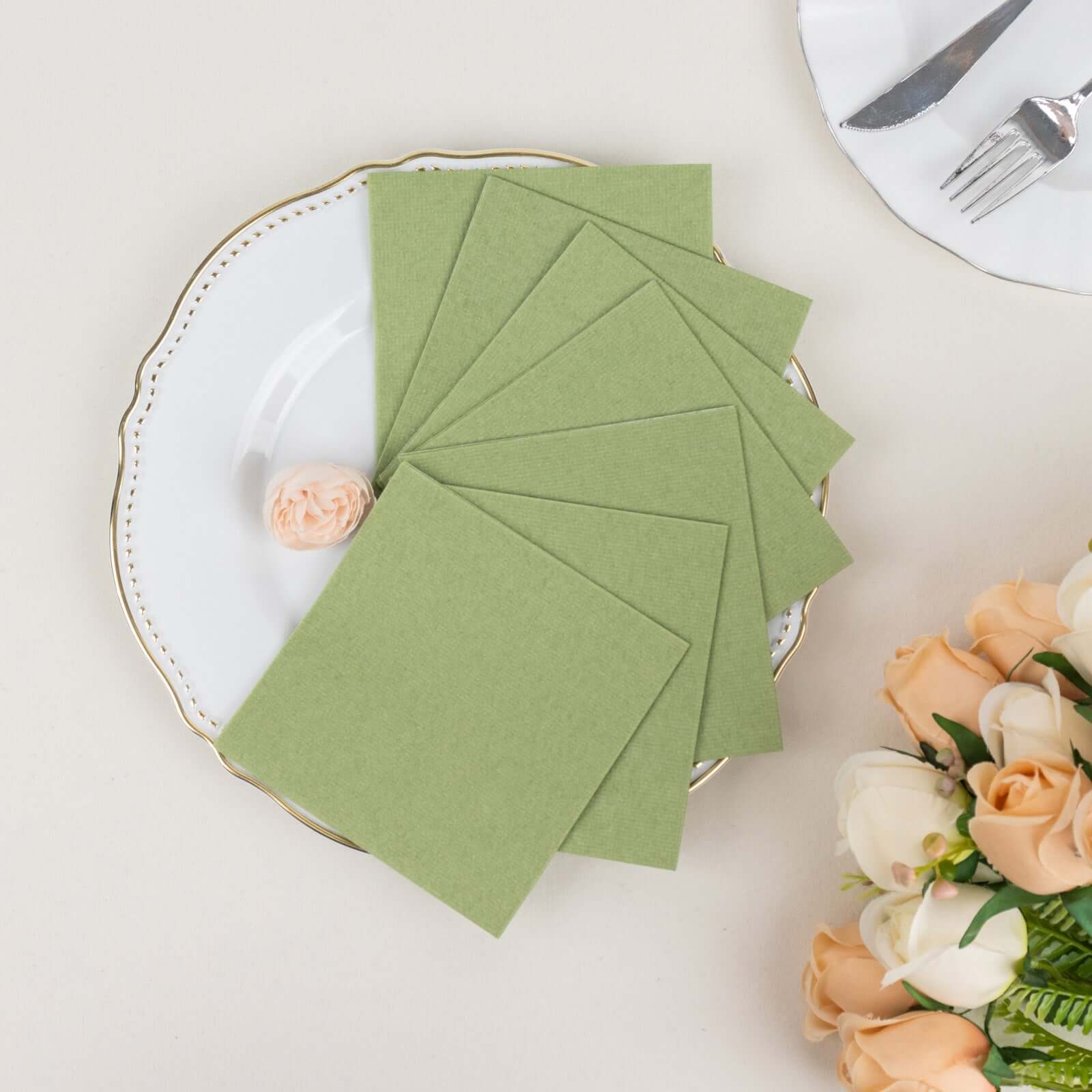 20 Pack Linen-Like Paper Napkins 5"x5" Sage Green - Soft Single-Use Airlaid Cocktail Napkins - Image 12