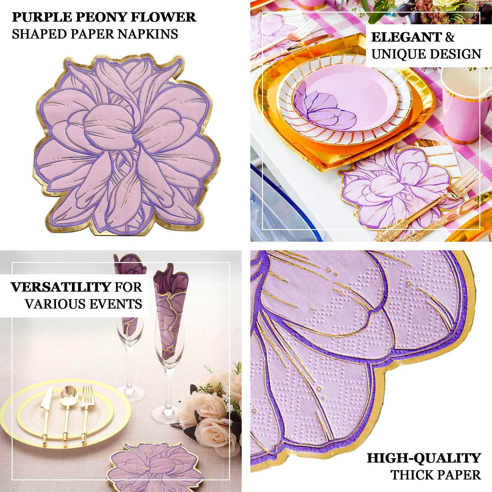 20-Pack Paper Cocktail Napkins Purple Peony Flower Shaped with Gold Edges - Disposable Beverage Napkins for Parties - Image 4