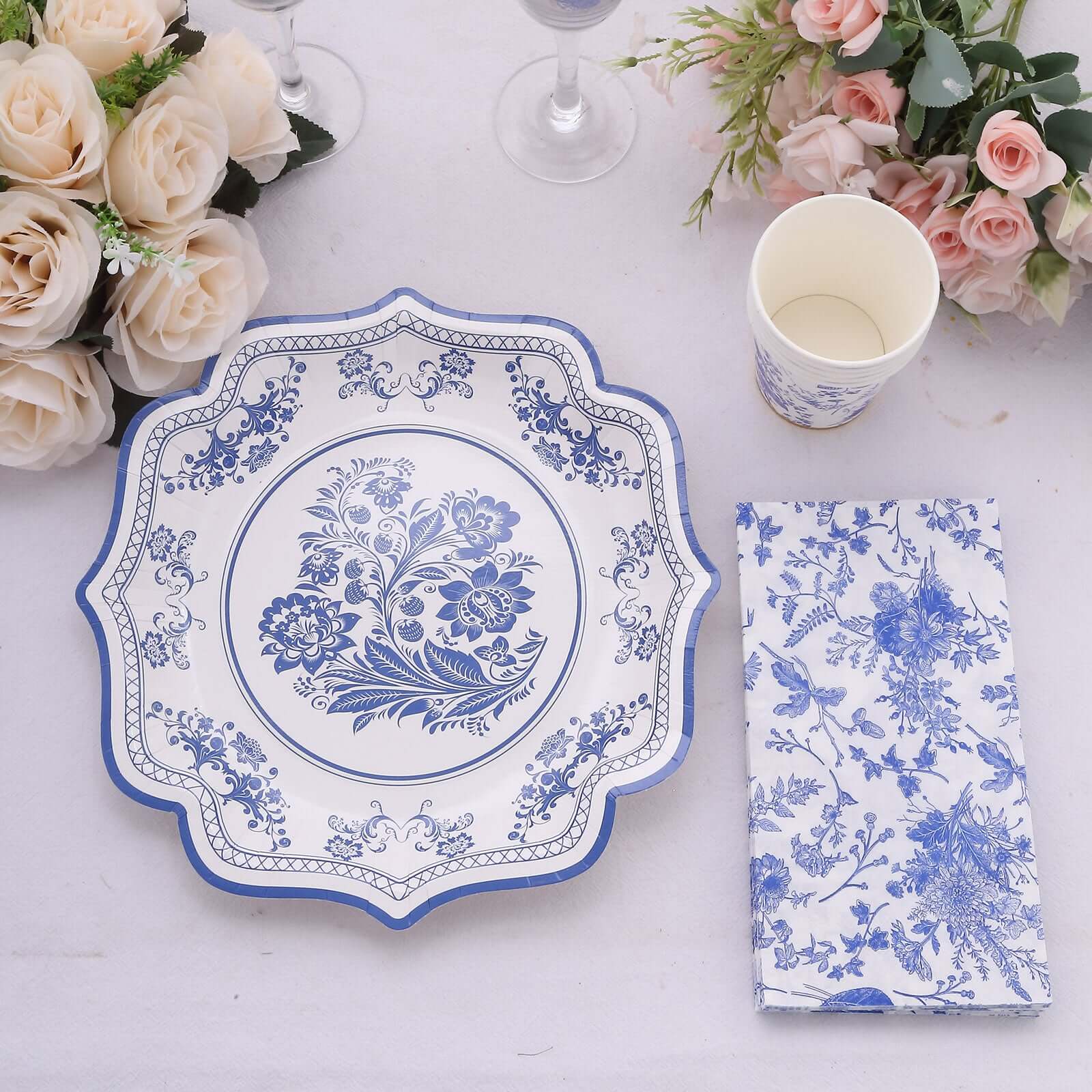 20-Pack Paper Dinner Napkins 2 Ply White/Blue with French Toile Pattern - Soft and Absorbent Disposable Napkins - Image 2
