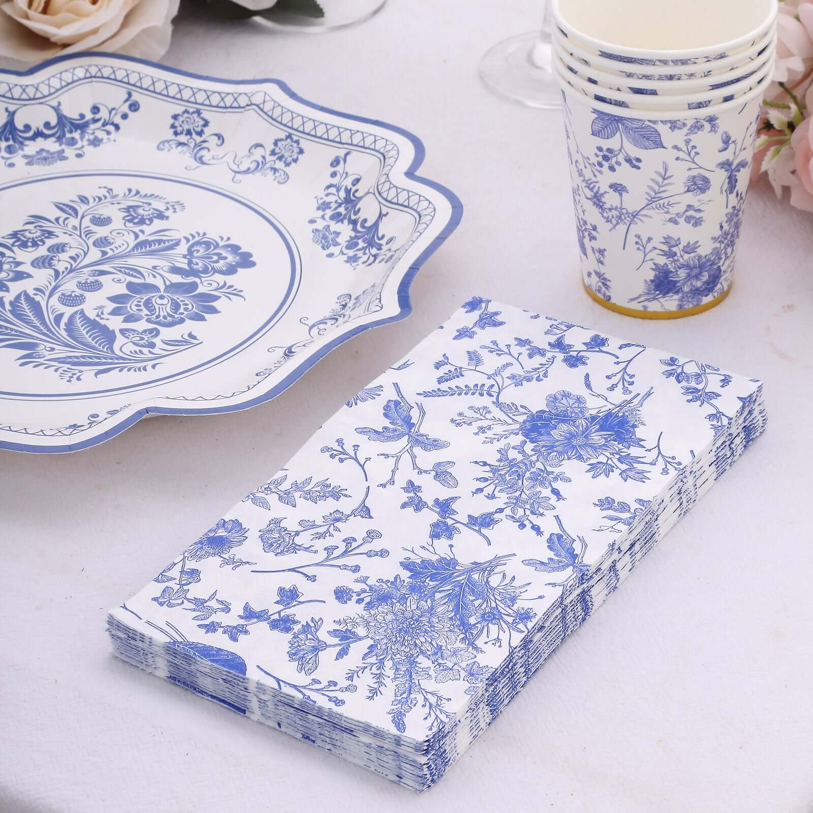 20-Pack Paper Dinner Napkins 2 Ply White/Blue with French Toile Pattern - Soft and Absorbent Disposable Napkins - Image 4
