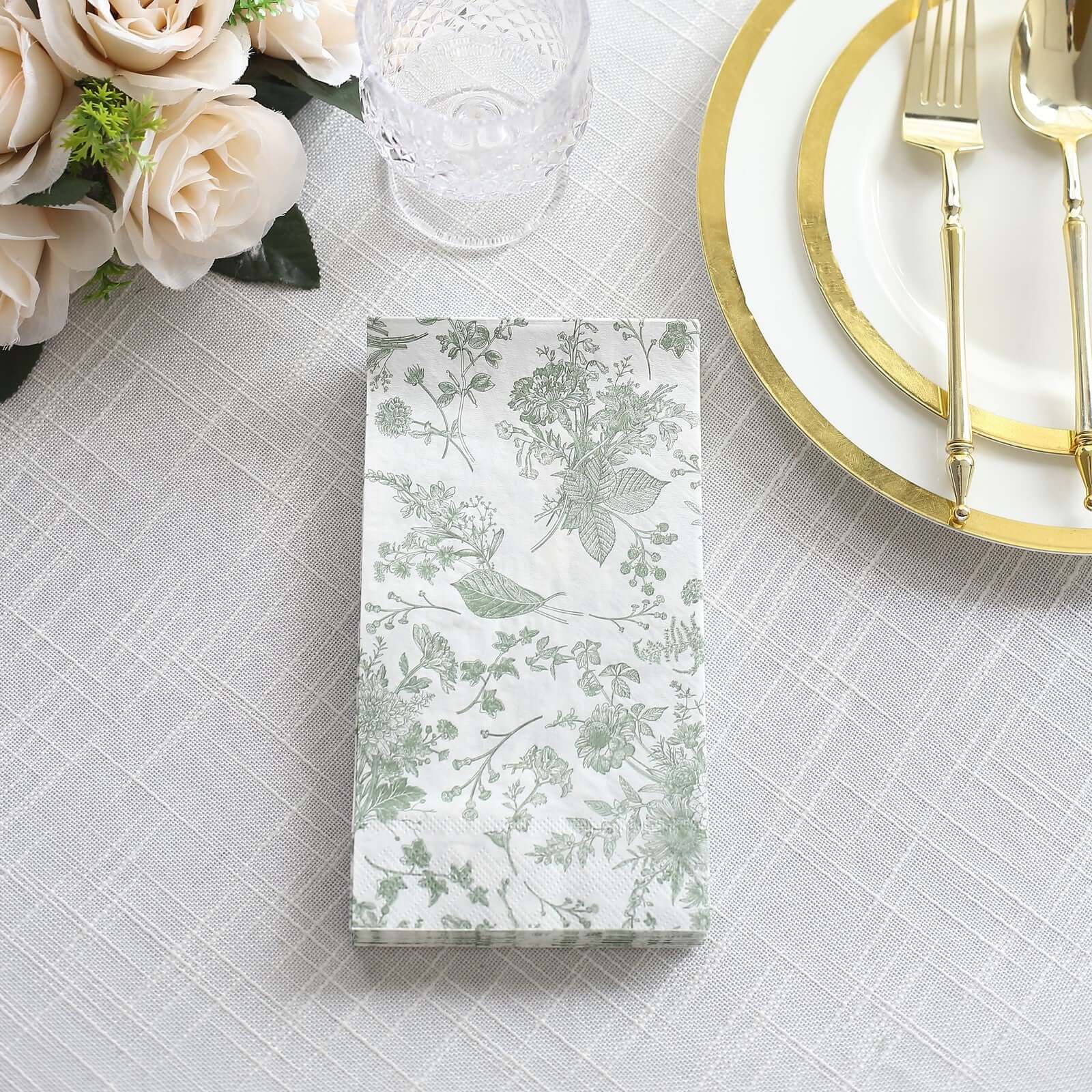 20-Pack Paper Dinner Napkins 2 Ply White/Sage Green with French Toile Pattern - Soft and Absorbent Disposable Napkins