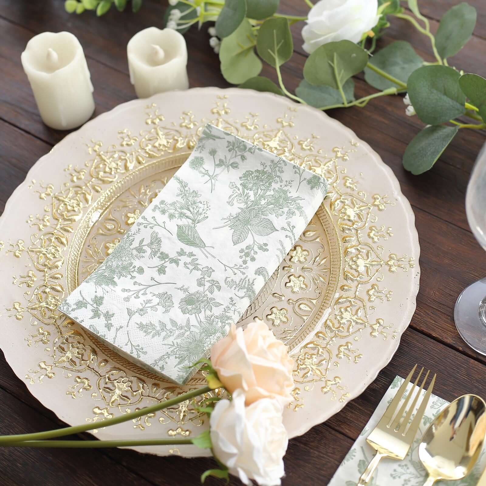 20-Pack Paper Dinner Napkins 2 Ply White/Sage Green with French Toile Pattern - Soft and Absorbent Disposable Napkins - Image 2
