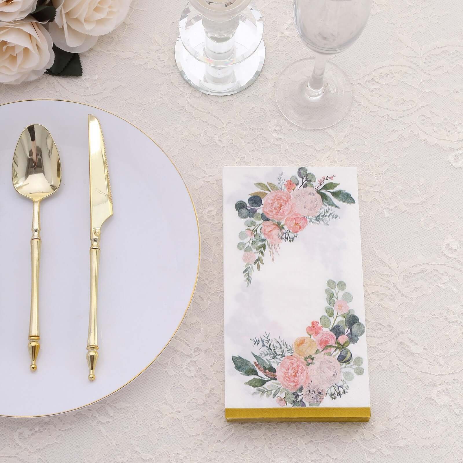 20-Pack Paper Dinner Napkins 2-Ply White with Pink Peony Flowers Print and Gold Edge - Soft and Absorbent Party Napkins - Image 8