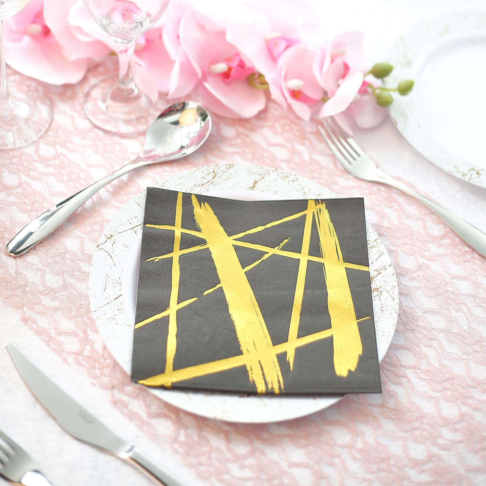20-Pack Paper Dinner Napkins 3 Ply Metallic Gold Streak Design on Black - Disposable Wedding Cocktail Napkins - Image 10