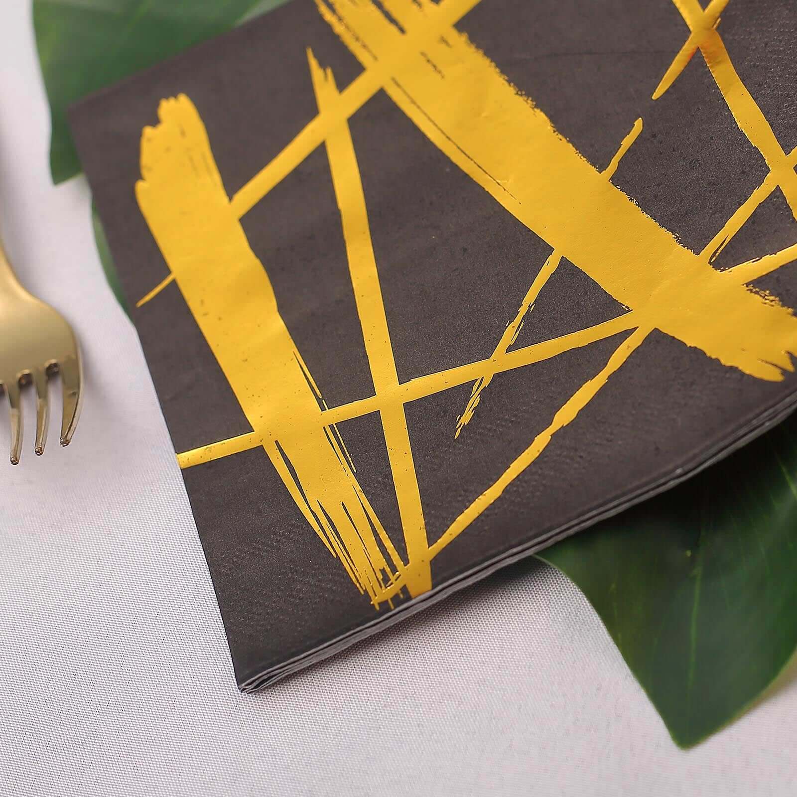 20-Pack Paper Dinner Napkins 3 Ply Metallic Gold Streak Design on Black - Disposable Wedding Cocktail Napkins - Image 11
