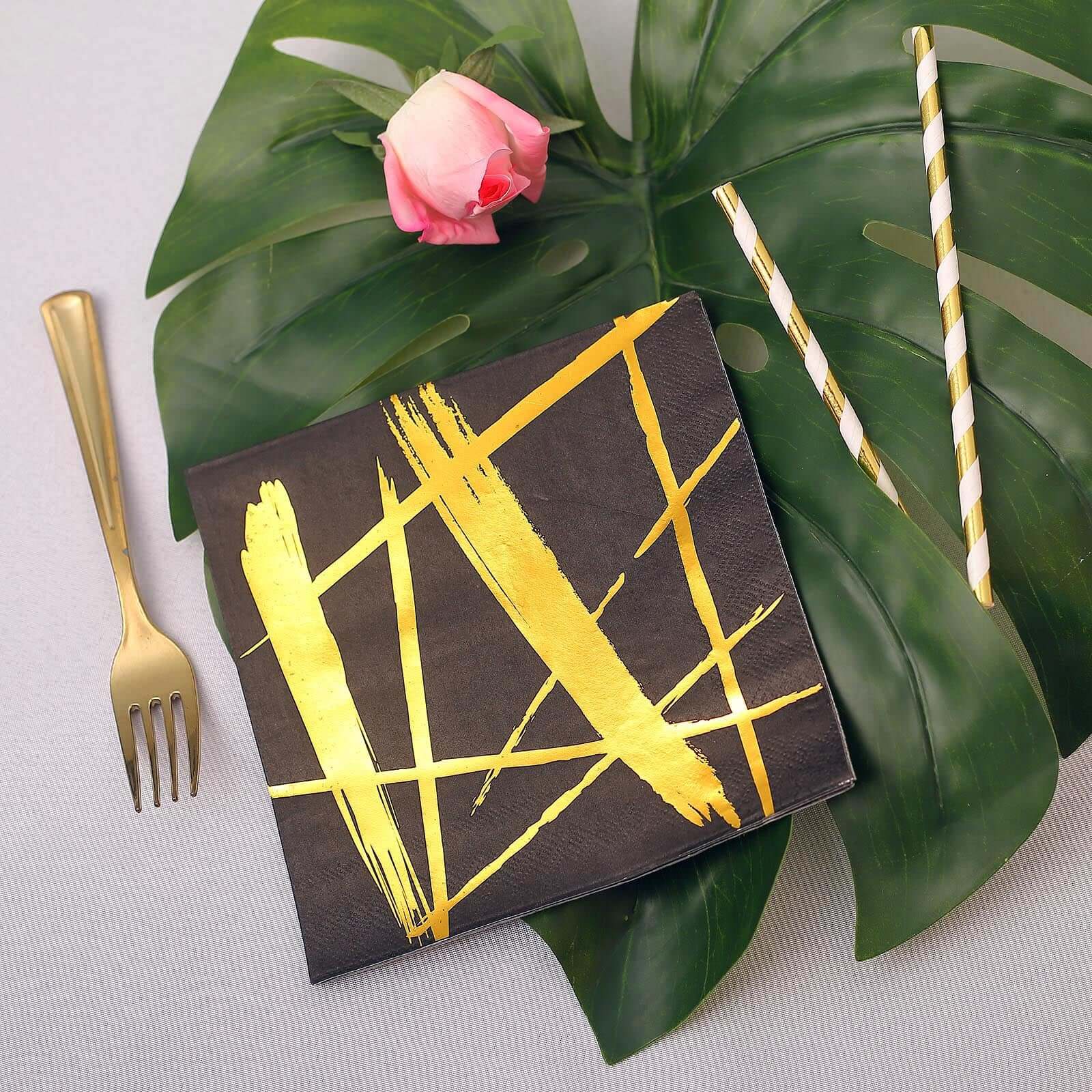 20-Pack Paper Dinner Napkins 3 Ply Metallic Gold Streak Design on Black - Disposable Wedding Cocktail Napkins - Image 12