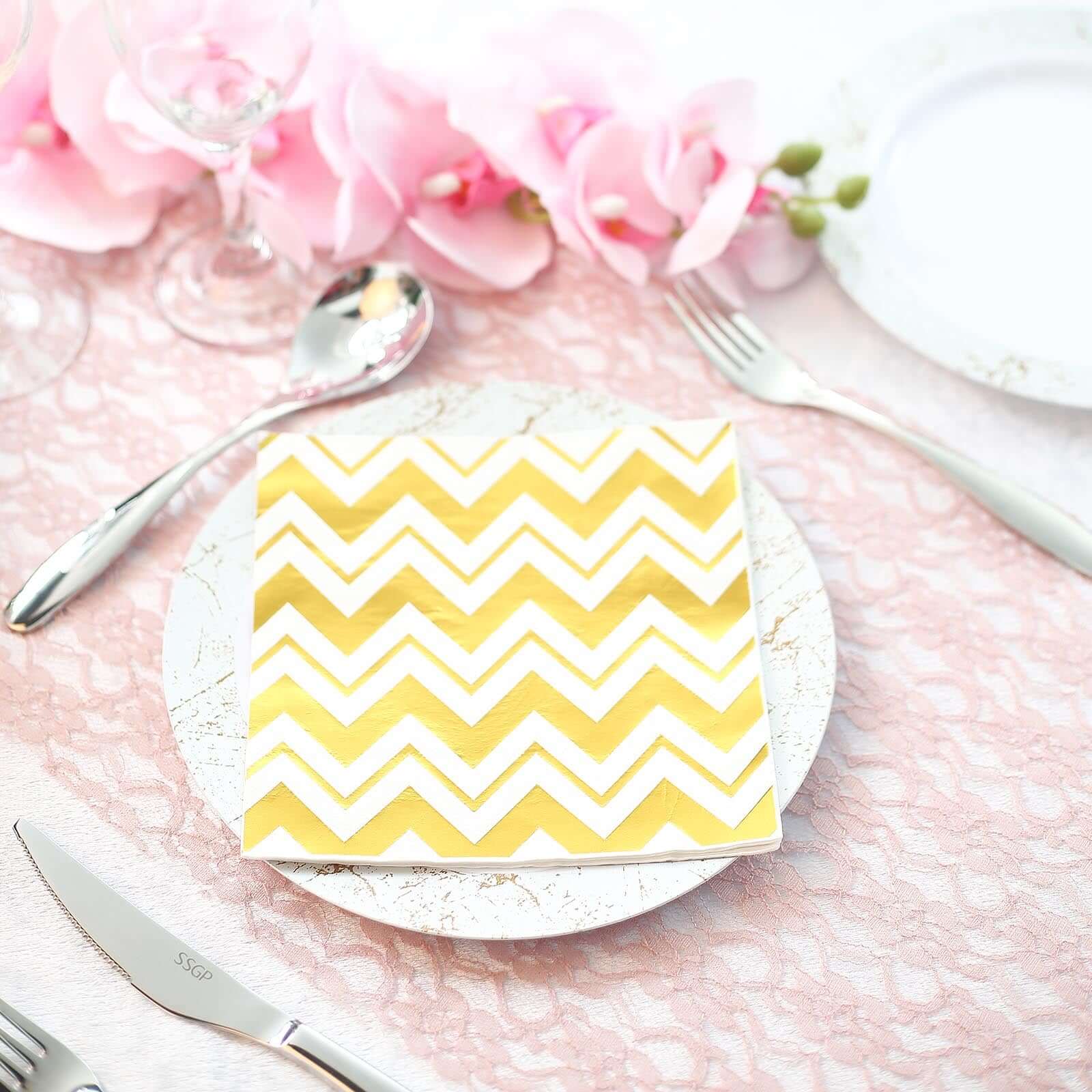20-Pack Paper Dinner Napkins 3 Ply Metallic Gold with Chevron Design - Disposable Wedding Cocktail Napkins - Image 11