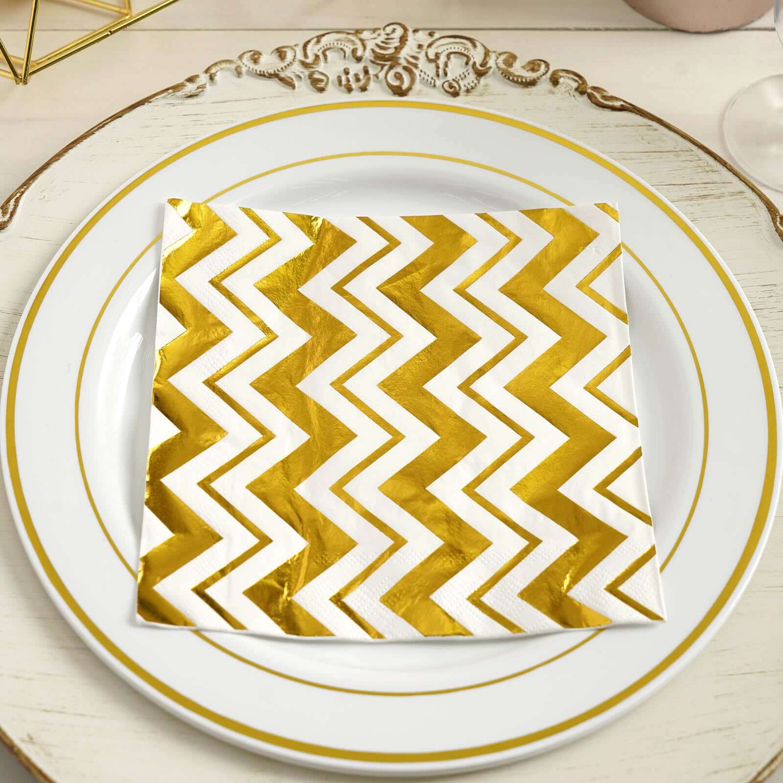 20-Pack Paper Dinner Napkins 3 Ply Metallic Gold with Chevron Design - Disposable Wedding Cocktail Napkins - Image 14
