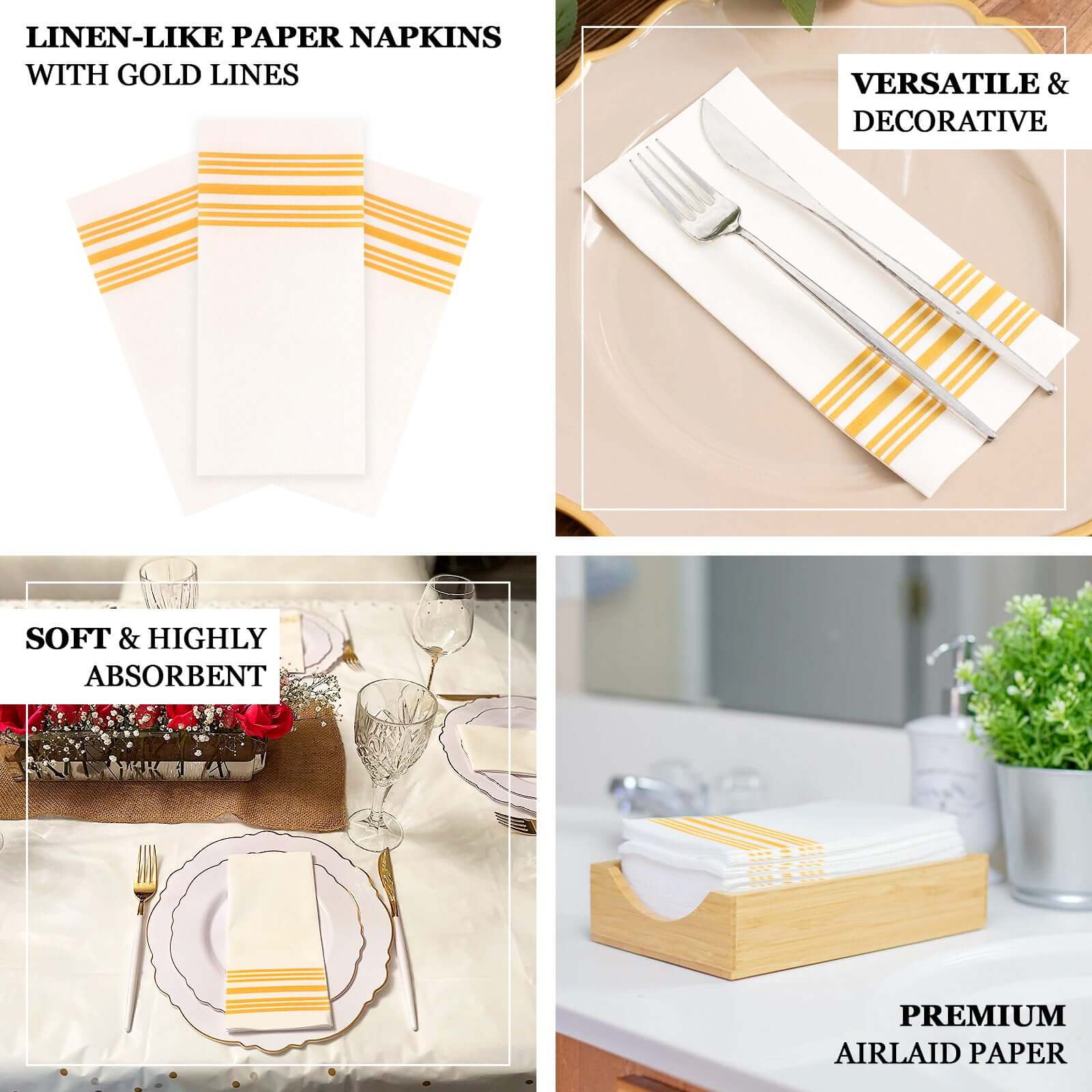 20 Pack Linen-Like Paper Napkins 8"x4" White With Gold Lines - Soft Hygienic Airlaid Guest Towels for Formal & Casual Dining - Image 4