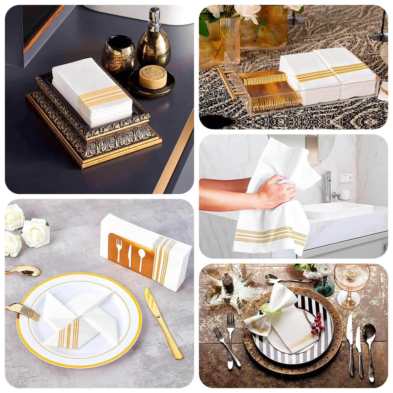 20 Pack Linen-Like Paper Napkins 8"x4" White With Gold Lines - Soft Hygienic Airlaid Guest Towels for Formal & Casual Dining - Image 5