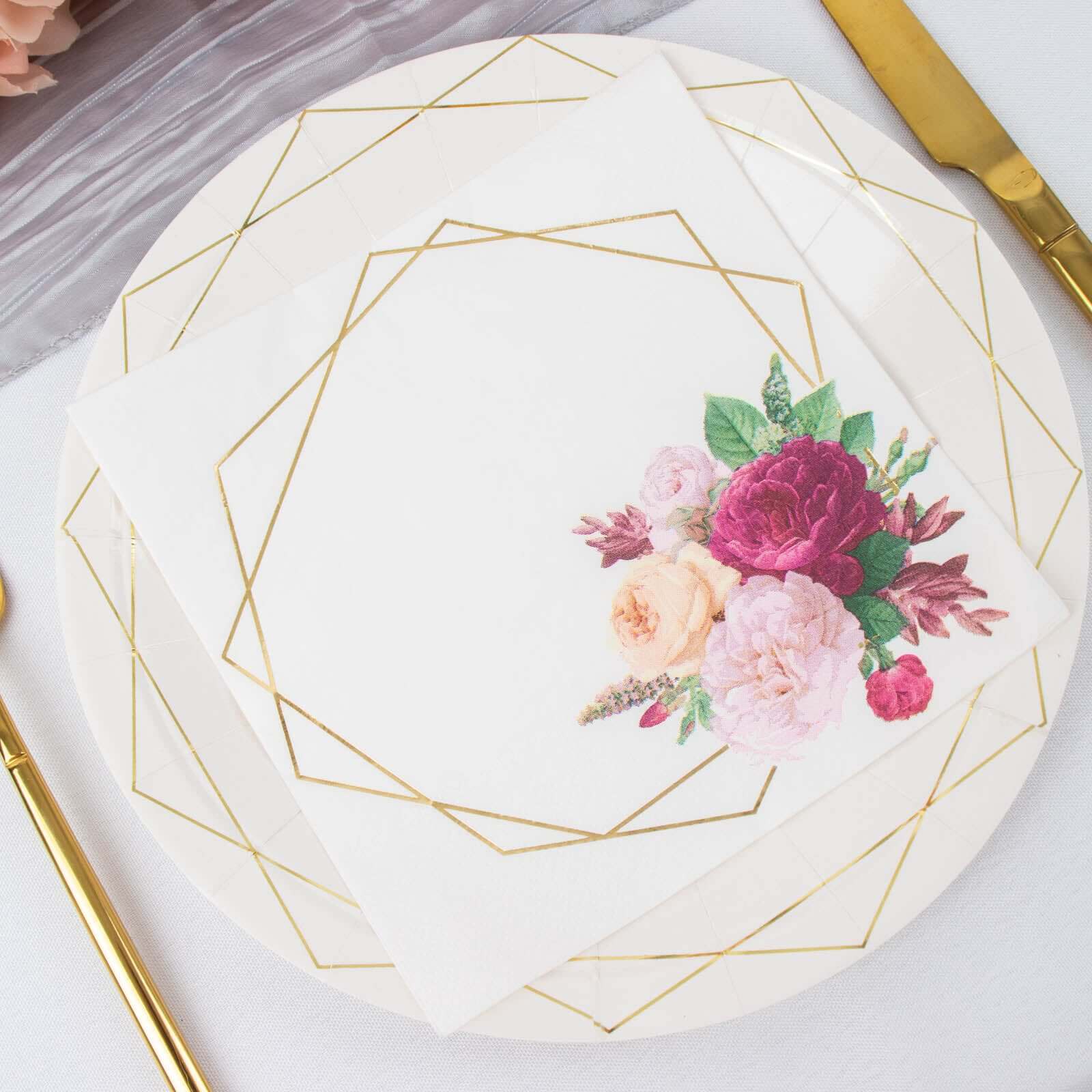 20-Pack Paper Napkins 6.5" White with Gold Hexagon Frame & Floral Print - Soft 2 Ply Disposable Cocktail Napkins for Weddings & Parties - Image 2