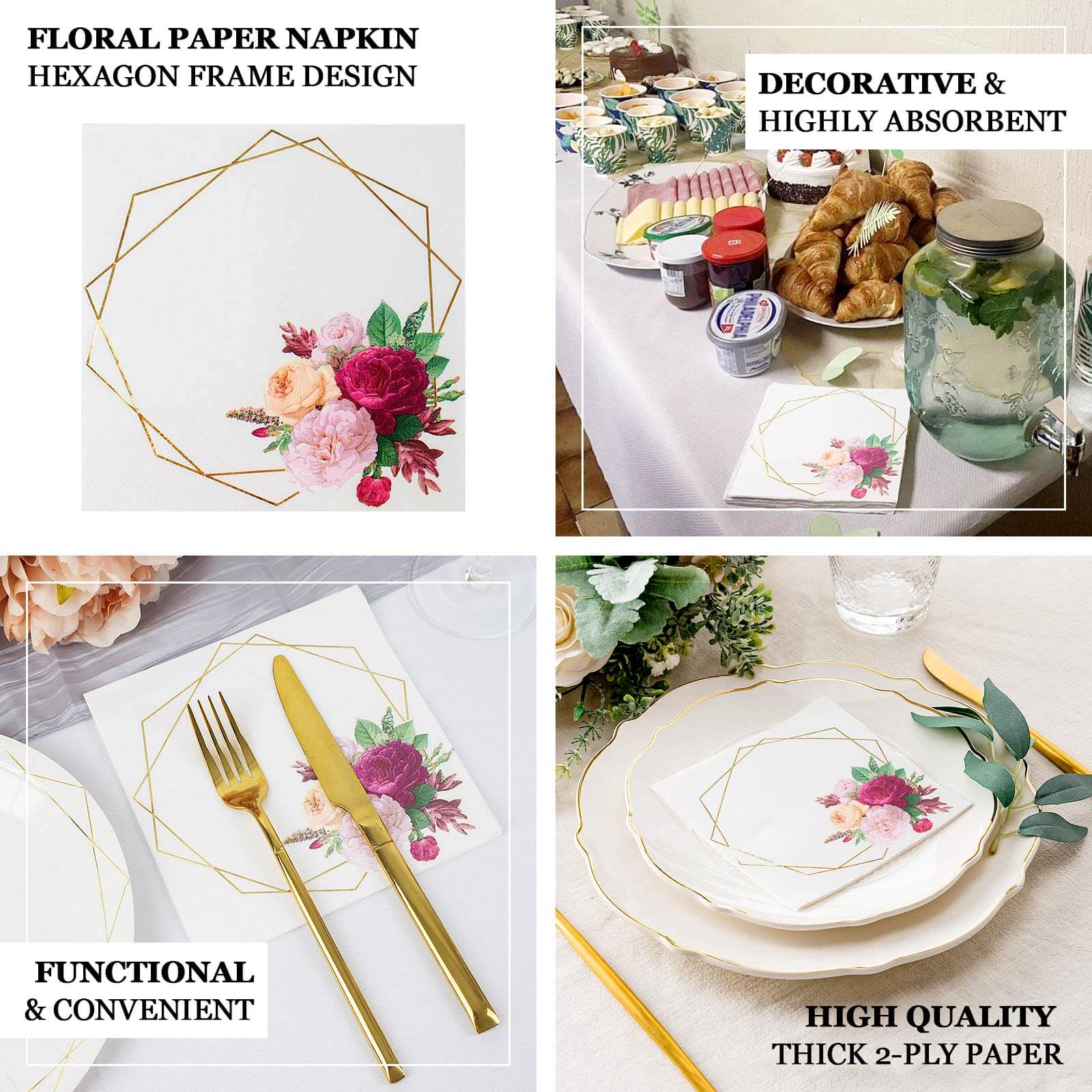 20-Pack Paper Napkins 6.5" White with Gold Hexagon Frame & Floral Print - Soft 2 Ply Disposable Cocktail Napkins for Weddings & Parties - Image 4
