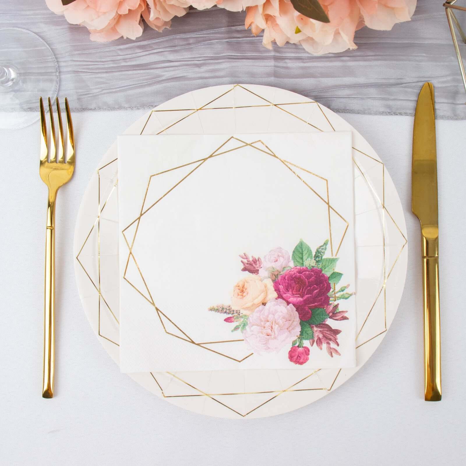 20-Pack Paper Napkins 6.5" White with Gold Hexagon Frame & Floral Print - Soft 2 Ply Disposable Cocktail Napkins for Weddings & Parties - Image 6