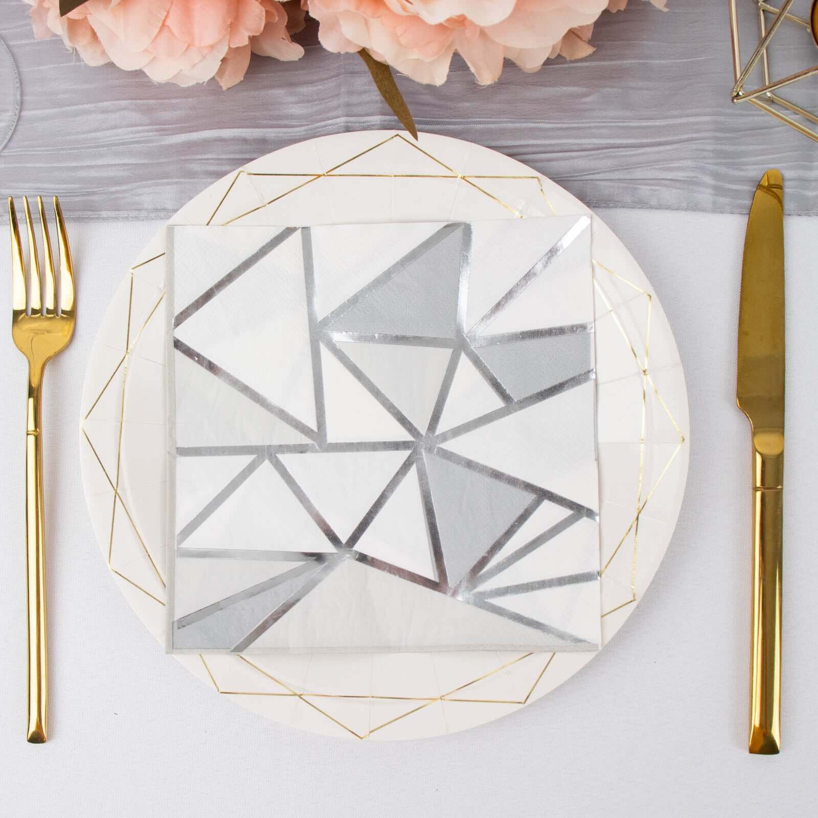 20-Pack Paper Party Napkins 2 Ply with Geometric Silver Foil Print 6.5"x6.5" - Soft Disposable Cocktail Napkins for Weddings