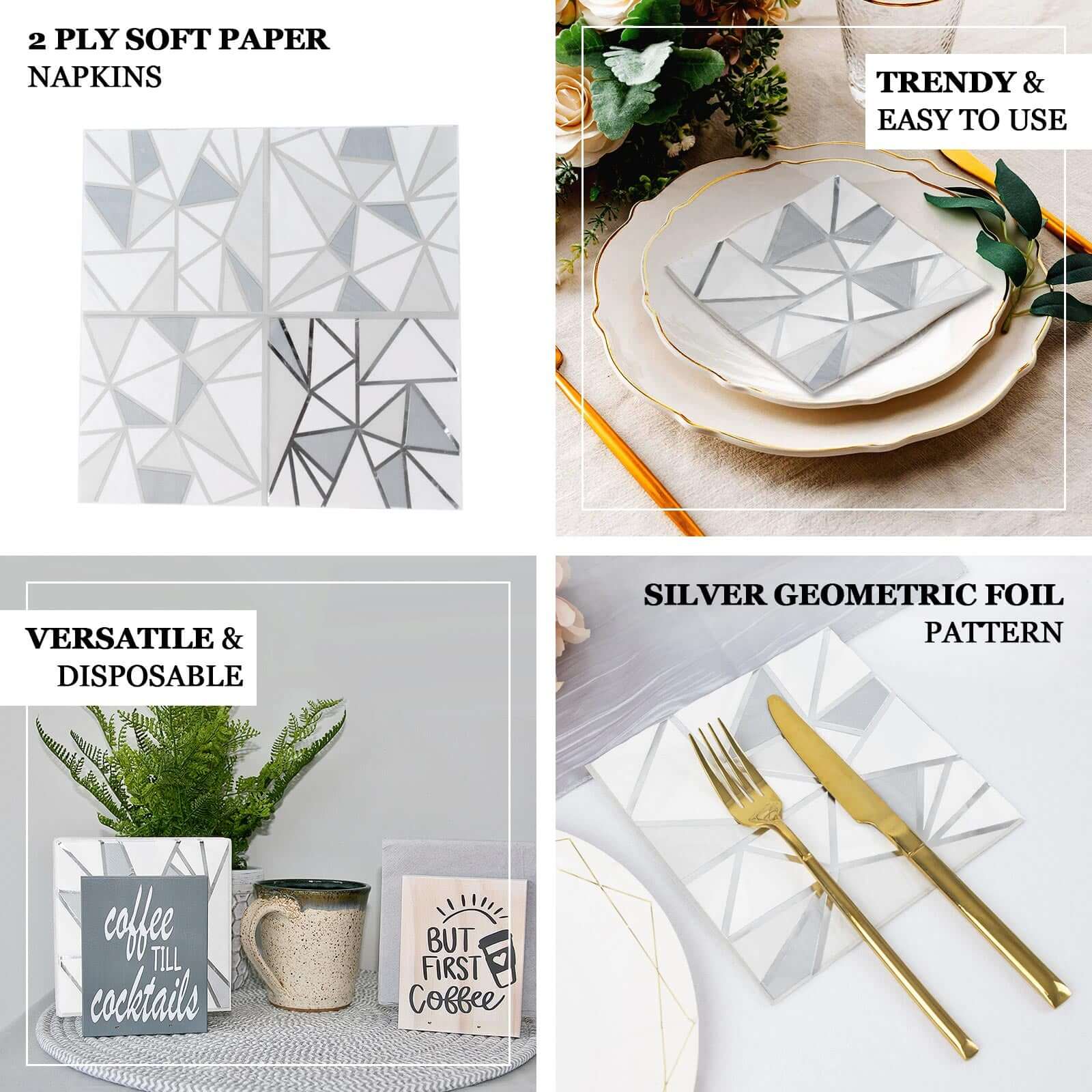 20-Pack Paper Party Napkins 2 Ply with Geometric Silver Foil Print 6.5"x6.5" - Soft Disposable Cocktail Napkins for Weddings - Image 4