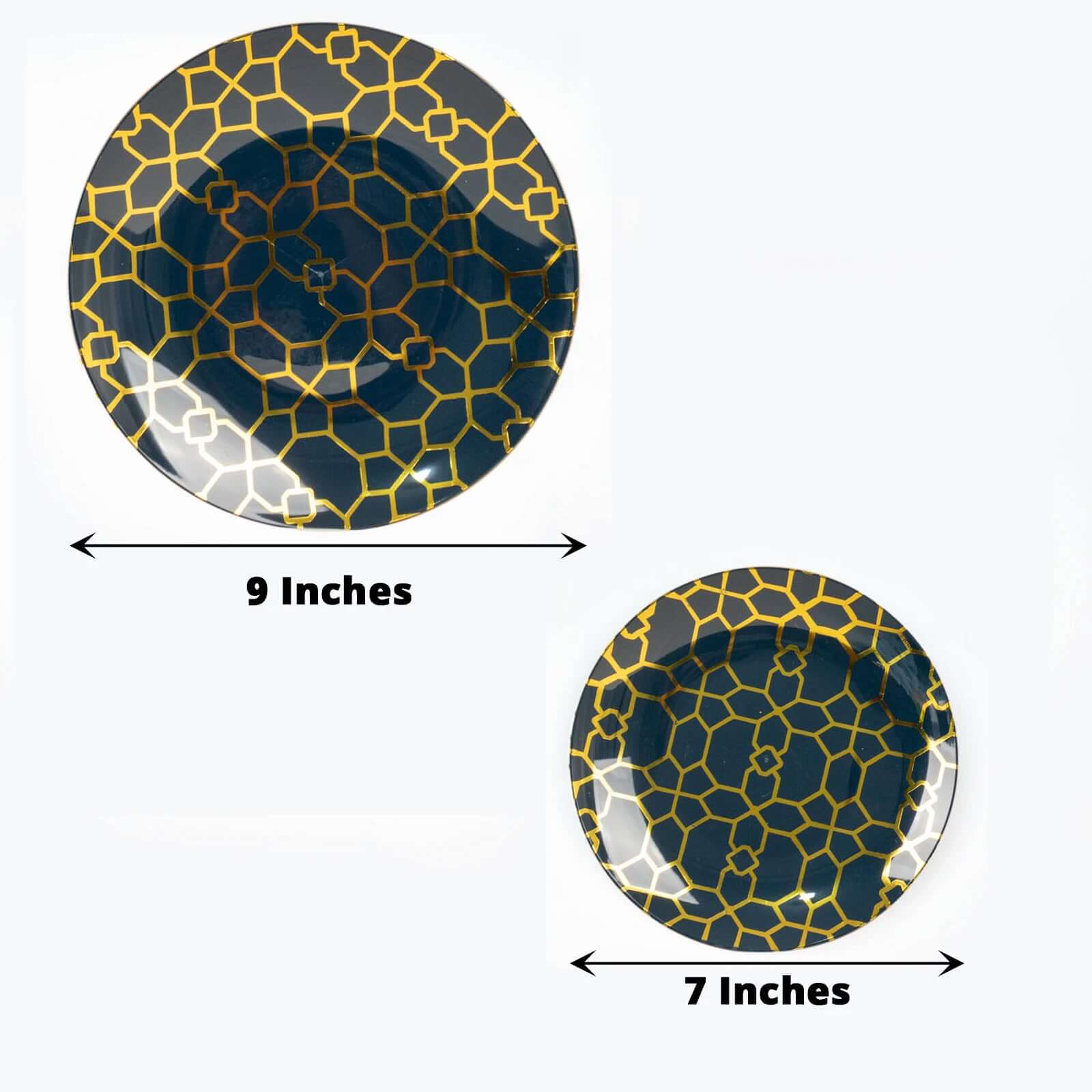 20-Pack Set Plastic Round Dinner and Salad Plates 9", 7" Navy Blue with Geometric Gold Print - Stylish Disposable Dinnerware Set for Festive Occasions - Image 3