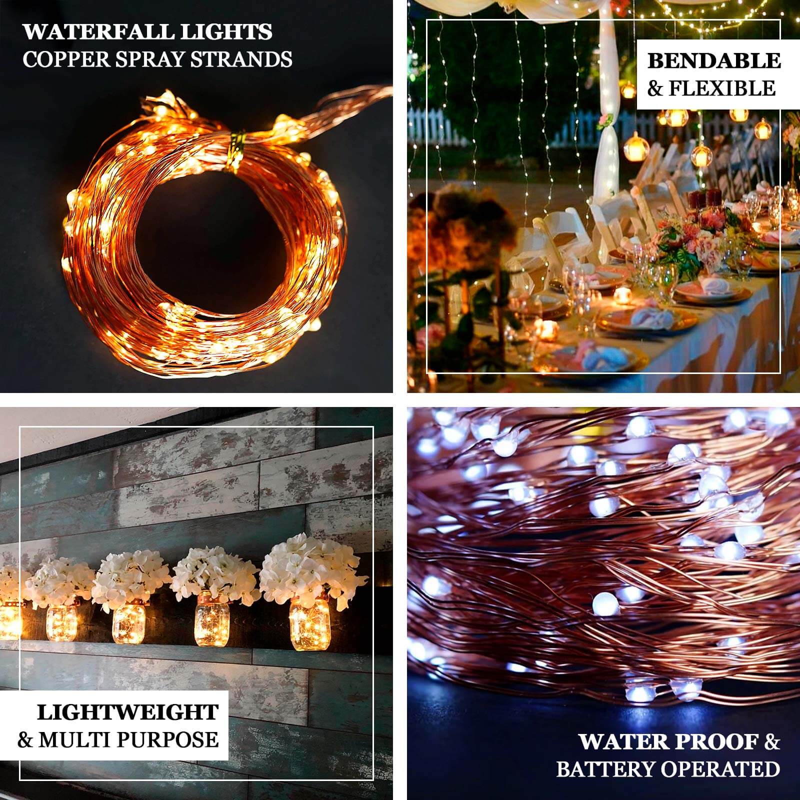 200 LED Fairy String Waterfall Lights 8ft Warm White 10 Copper Strands - Battery Operated Waterproof Design - Image 3
