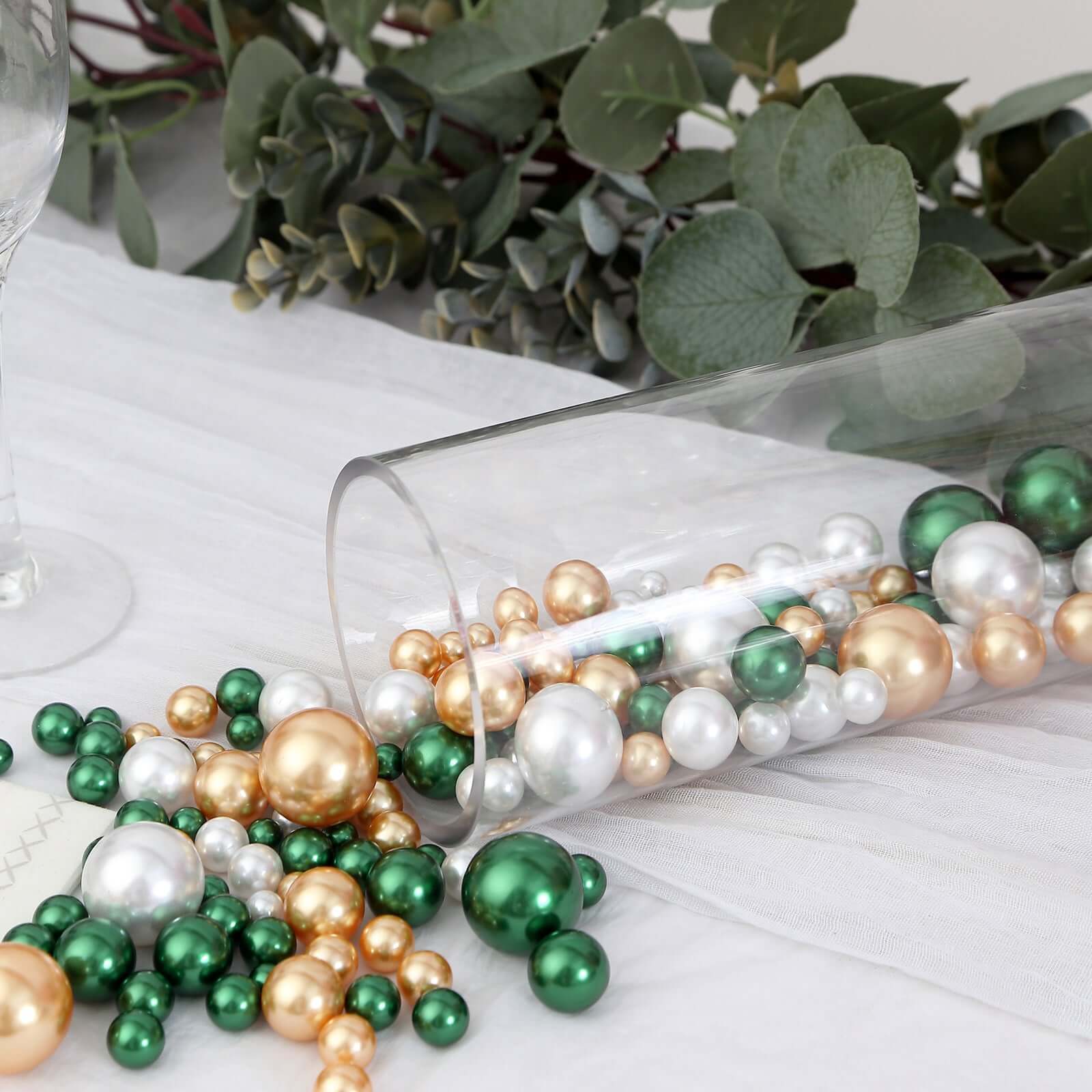 200Pcs Assorted Pearl Beads Vase Fillers in Green, Gold and White, Lustrous DIY Craft Bead Set