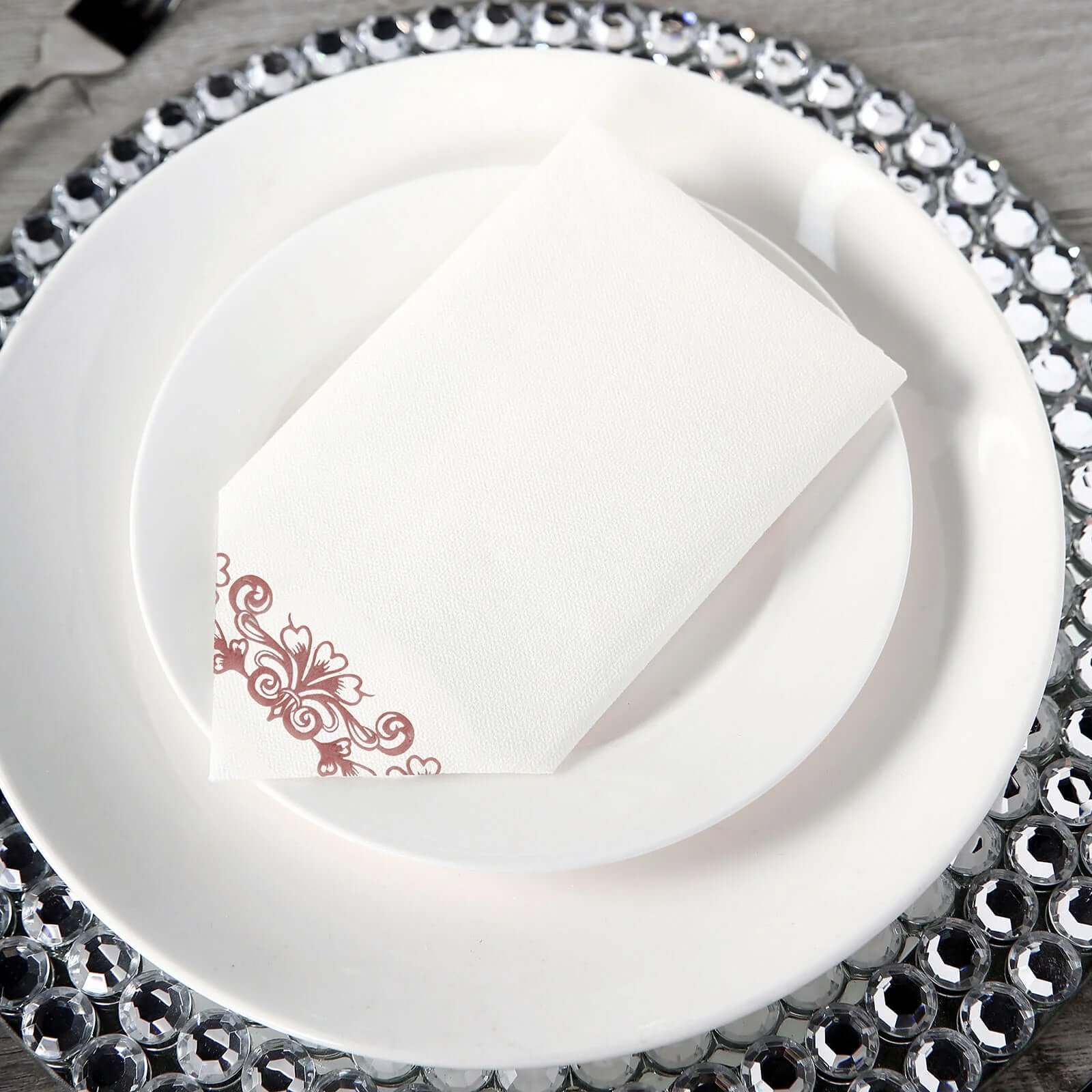 20 Pack White Linen-Feel Paper Napkins with Rose Gold Floral Print, Premium Cloth-Like Airlaid Dinner Napkins, Disposable Soft and Absorbent Guest Towels - Image 7