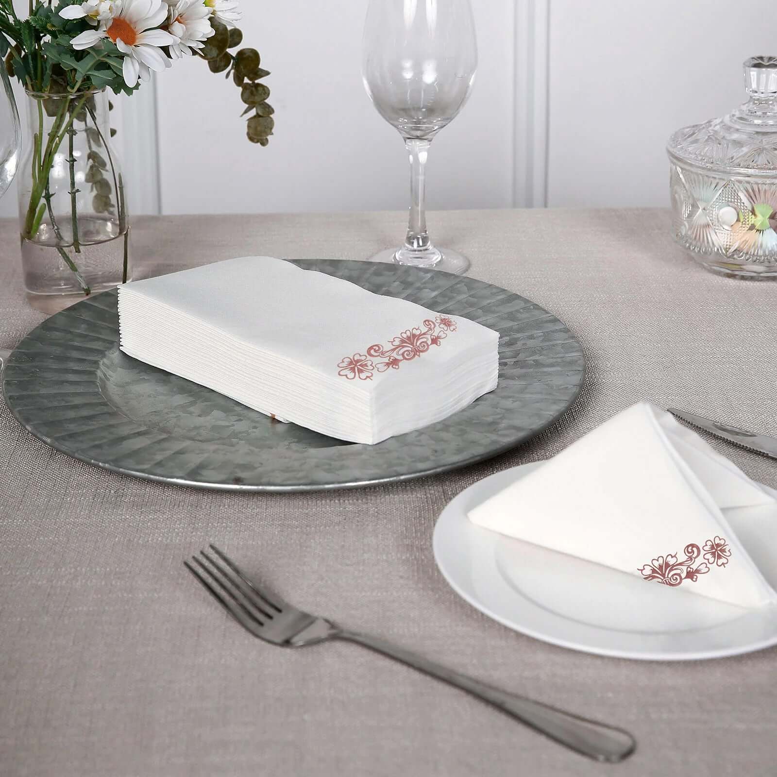 20 Pack White Linen-Feel Paper Napkins with Rose Gold Floral Print, Premium Cloth-Like Airlaid Dinner Napkins, Disposable Soft and Absorbent Guest Towels - Image 9